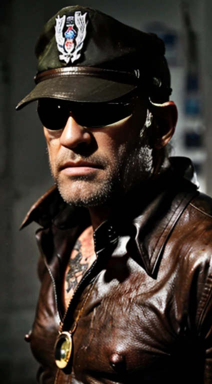 An old soldier with a stern face and a scar, resembling jason statham, from the front and up to the waist, on a plain background - The soldier wearing a military uniform with badges and medals - The scar on his right cheek, from his eye to his jaw - The background a solid dark color - The soldier’s expression serious and determined, aseyeballs looking at the camera; super delicate , ((Best Quality, 8k, Masterpiece)); ((Foto RAW)) He looks directly at the camera. He stands facing the camera