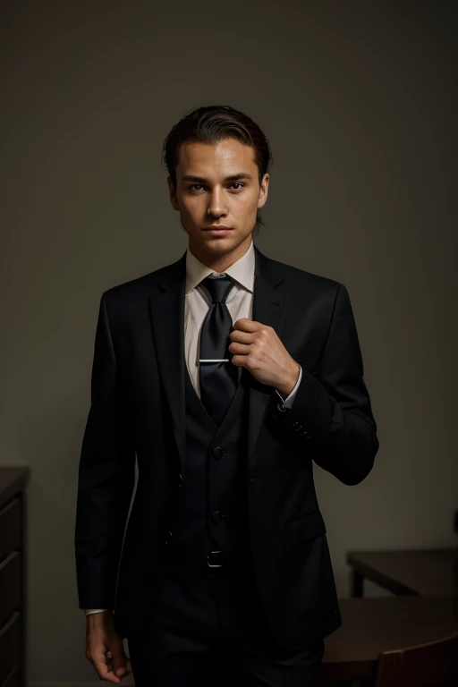 young man in a suit adjusting his tie in the dark, wearing a suit and a tie, wearing suit and tie, subject detail: wearing a suit, wearing a suit and tie, wearing business suit, wearing a business suit, wearing suit, wearing robes and neckties, suit and tie, wearing a suit, wearing a strict business suit, wearing black business suit