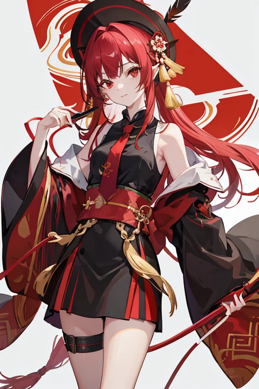 （（tmasterpiece：1.4，best qualtiy））++，（hyper-detailing）+，（best qualtiy，hyper-detailing，vivd colour，rich colourful，dynamic angle，hight contrast：1.2），A teenage girl，Height 165cm，Red long-haired，Shawl hair，Chinesedress，Wearing black and red skirt（various shades of color，Decorated with gold patternlack in color，leg loops，火焰（symbol），obi strip（（hyper-detailing）），red necktie，White shirt，cropped shoulderposed upper part of the chest，，Manteau，fenghuang（symbol），There are ear feathers behind the ears，耳Nipple Ring，National tide background，Black over-the-knee bootiery red eyes，Holding a red bow in hand，domineering side leak，temperament，Draw the whole body，Fashionab，National tide background， with dynamism， garments， posing on a， frontage， rich colourful， dyna， Background with， element in， self-assured， Expressing the， statement， fittings， A majestic， coil， Runt， Scenes， Cover of a， boldness， attention-grabbing，Fashionab， typeface， Catchy， attention-grabbinodern day， Fashionab， focal， Fashionab，delicated face，exquisite facial features，National tide，full bodyesbian
