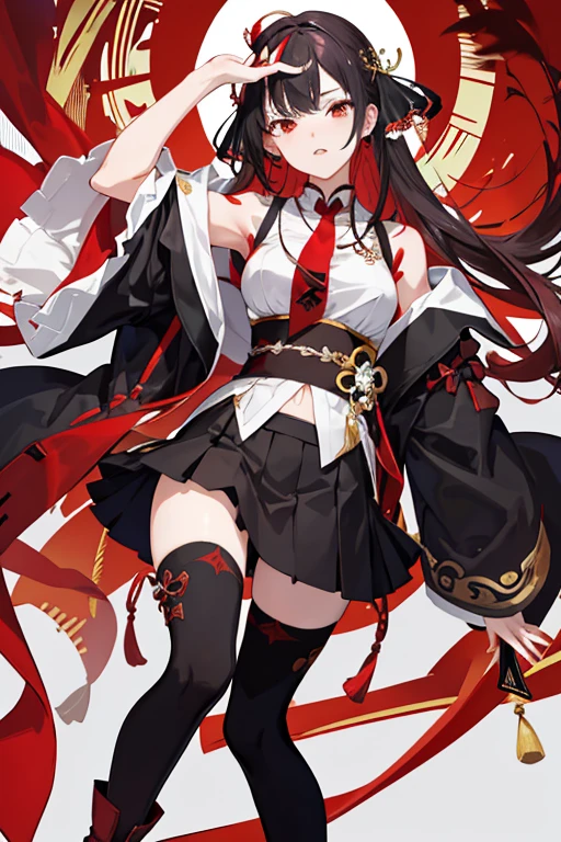 ((tmasterpiece:1.4,best qualtiy))++,(hyper-detailing)+,(best qualtiy,hyper-detailing,vivd colour,rich colourful,dynamic angle,hight contrast:1.2),A age girl,Height 165cm,Red long-haired,Shawl hair,Chinesedress,Wearing black and red skirt(various shades of color,Decorated with gold patternlack in color,leg loops,火焰(symbol),obi strip((hyper-detailing)),red necktie,White shirt,cropped shoulderposed upper part of the chest,,Manteau,fenghuang(symbol),There are ear feathers behind the ears,耳Nipple Ring,National tide background,Black over-the-knee bootiery red eyes,Holding a red bow in hand,domineering side leak,temperament,Draw the whole body,Fashionab,National tide background, with dynamism, garments, posing on a, frontage, rich colourful, dyna, Background with, element in, self-assured, Expressing the, statement, fittings, A majestic, coil, Runt, Scenes, Cover of a, boldness, attention-grabbing,Fashionab, typeface, Catchy, attention-grabbinodern day, Fashionab, focal, Fashionab,delicated face,exquisite facial features,National tide,full bodyesbian