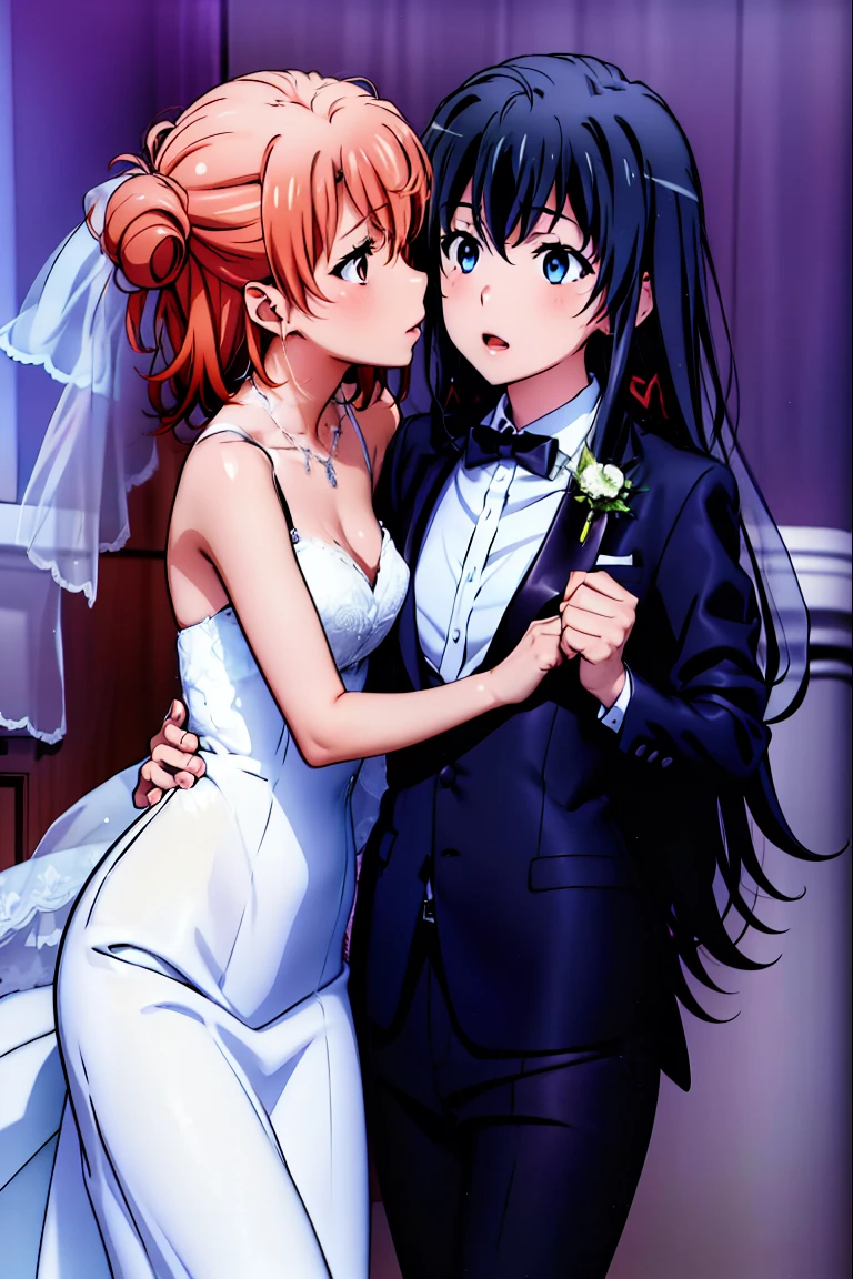 2girls, adult woman, house room background, Yukinoshita yukino in a tuxedo and coat carrying , her wife yuigahama yui in wedding Dress, yuri