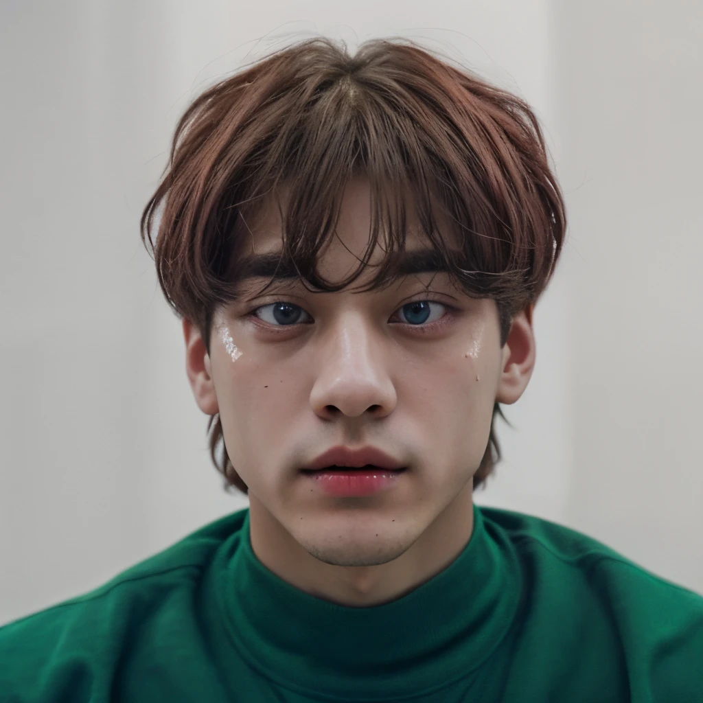 taehyung con pelo rojo. Ojos de distinto color, uno verde y otro azul. His pale and thin face, con sus labios rojos intensos