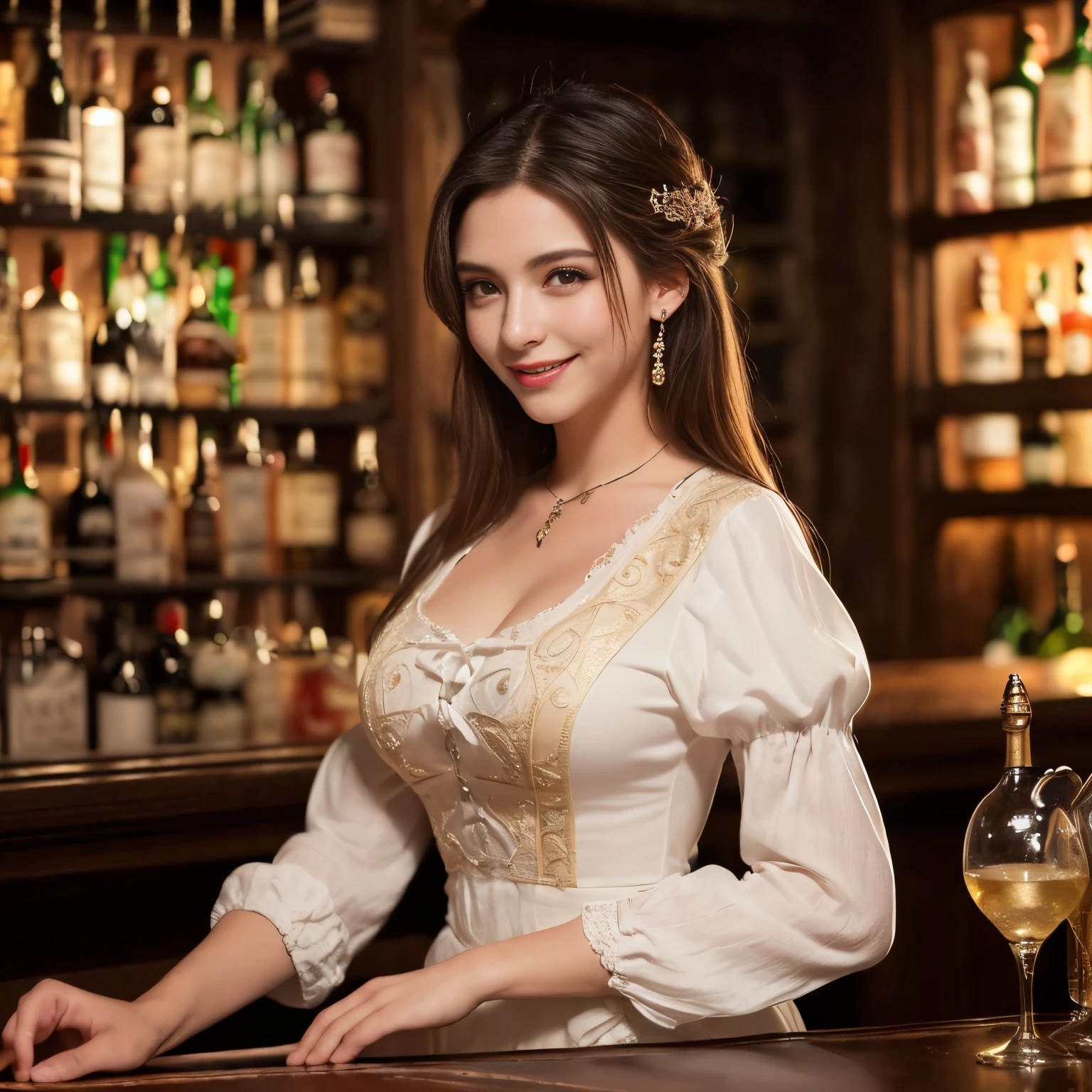 ((top-quality、masutepiece、8K、Top image quality、))、(italian woman pictures:1.3)、medieval italian tavern、Western movie atmosphere、medieval italian costumes、View me、A smile、、(perfect anatomia:1.2)、(Detailed and intricate bar background:1.3)、(romantic mood night:1.1)、(Perfectly recreates the atmosphere of medieval Italy:1.3)、(Classic:1.1)、(Fantasia:1.1)、(Cinematic:1.1)