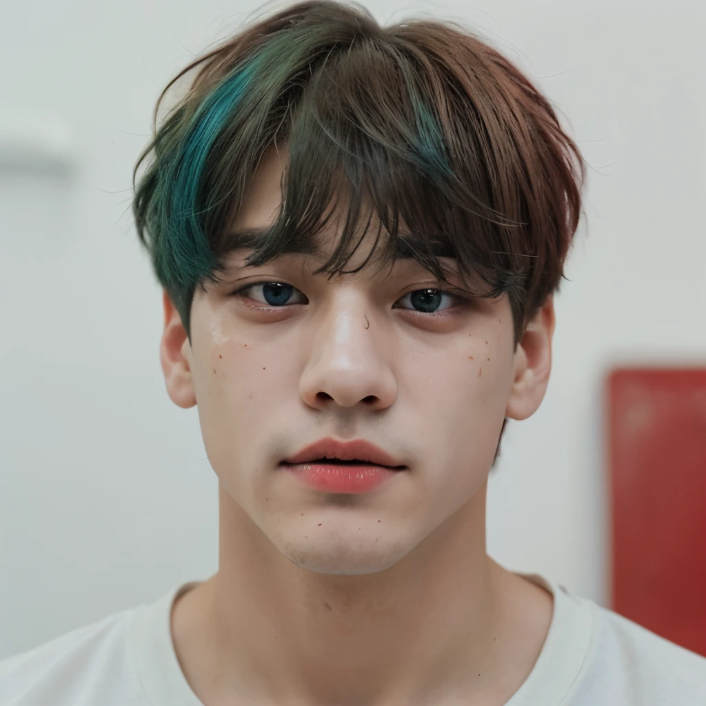 taehyung con pelo rojo. Ojos de distinto color, uno verde y otro azul. His pale and thin face, con sus labios rojos intensos
