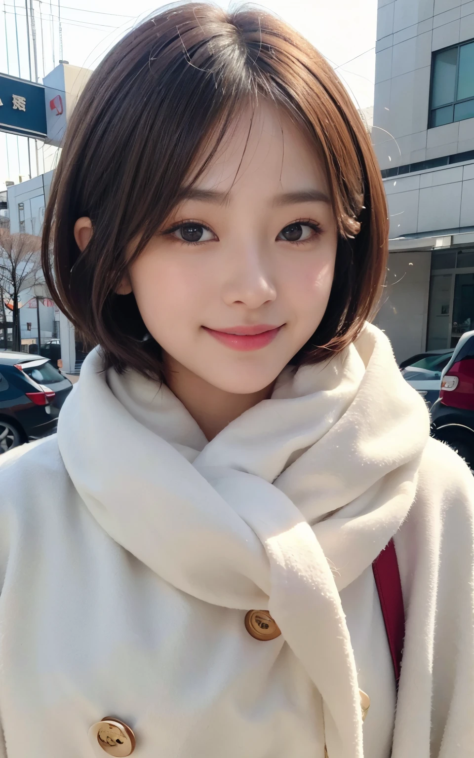 Cute 21 years old Japan、shopping、date、date、Super Detail Face、Eye of Detail、二重まぶた、beautiful thin nose、foco nítido:1.2、prety woman:1.4、(light brown hair,short-haired、),fair white skin、top-quality、​masterpiece、超A high resolution、(Photorealsitic:1.4)、Highly detailed and professional lighting smile、Cute coat、Red muffler