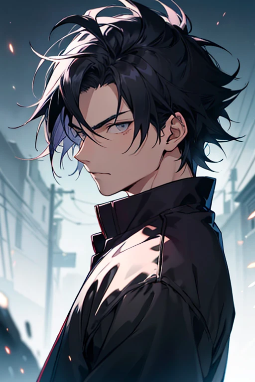a man with light complexion and spiky black hair with a slight blue tint akatsuki dark eyes