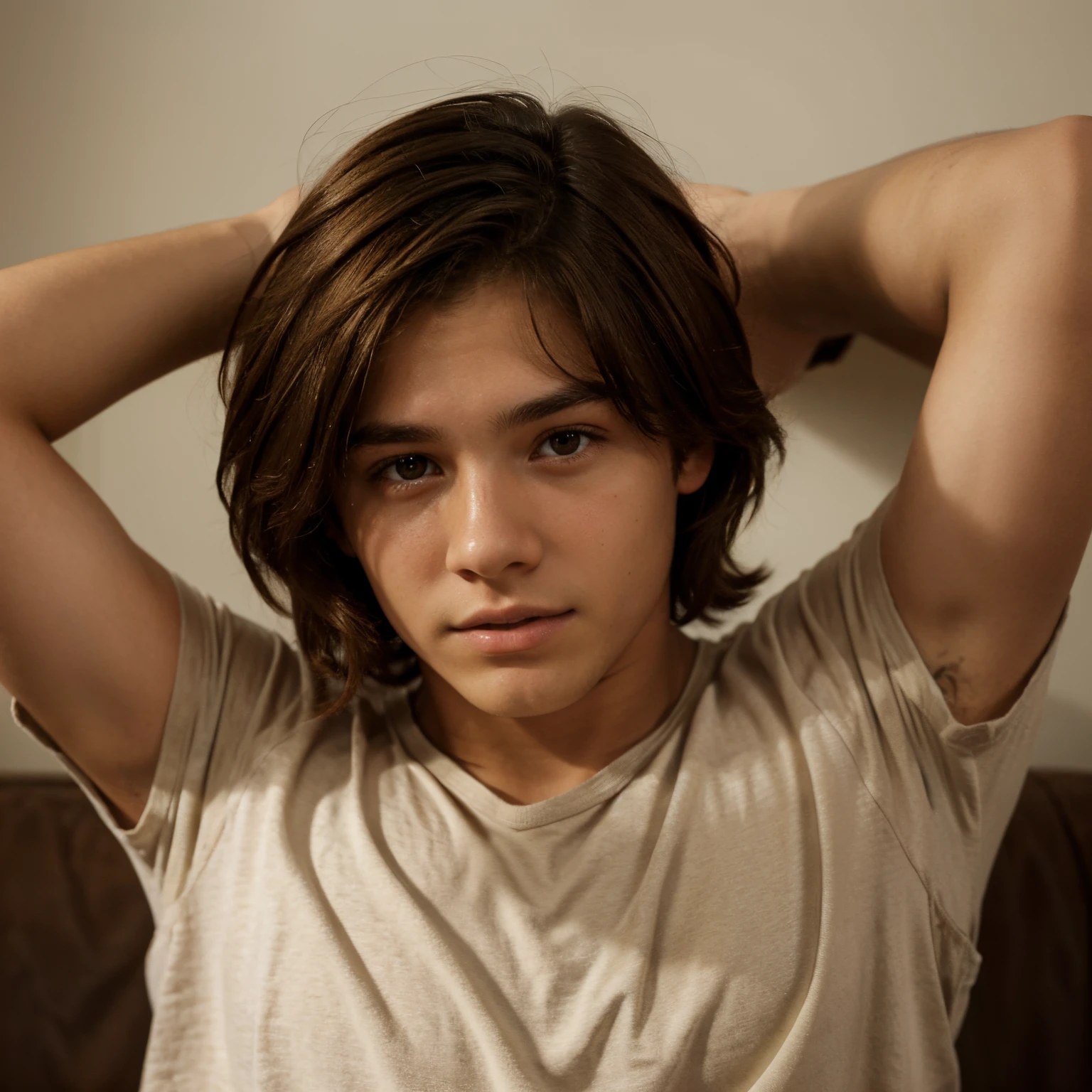 A guy about the age of 15 with brown hair and brown eyes