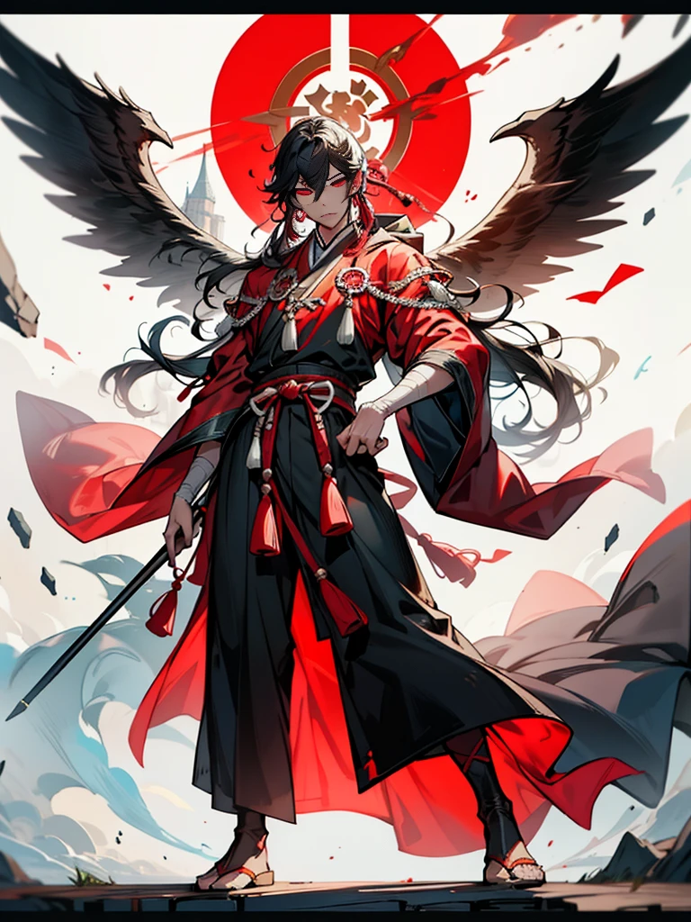 （mtu），National style，Ancient Chinese Hanfu，Ancient immortalasterpiece, Best quality), A terrible one , full body, Male, Handsome features, White sclera, Red pupil, massacre, Red cloak, Full body cover, Full body cape, Aesthetic atmosphere, Goddess, Holy , Archangel, Night sky, A big wand, Colourful.（Game quality），Light and shadow tracking，offcial art，统一 8k 壁纸，ultra - detailed，Beauty and aesthetics，tmasterpiece，best qualtiy，Realistis，Epic scenes，A high resolution，（tmasterpiece），（best qualtiy）