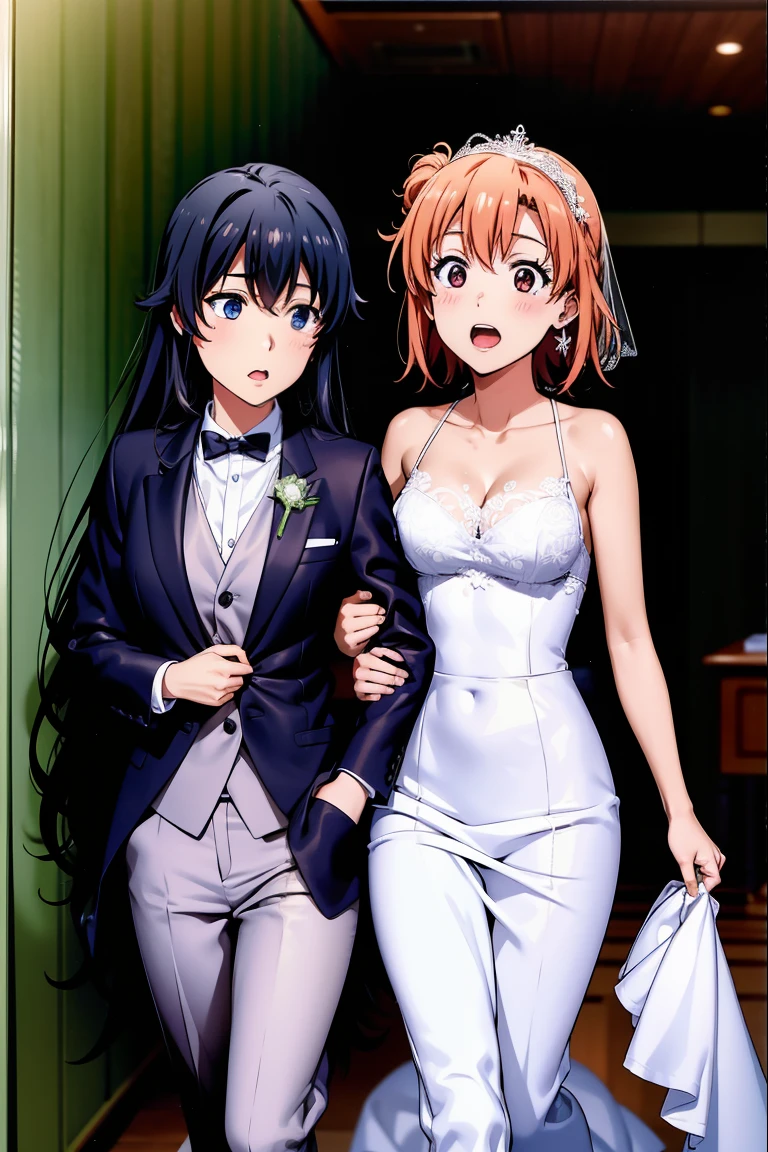 2 girls,  Woman, Home room wallpaper, Yukinoshita Yukino in a tuxedo and carrying a coat , Her wife Yuigahama Yui in a wedding dress, Yuri