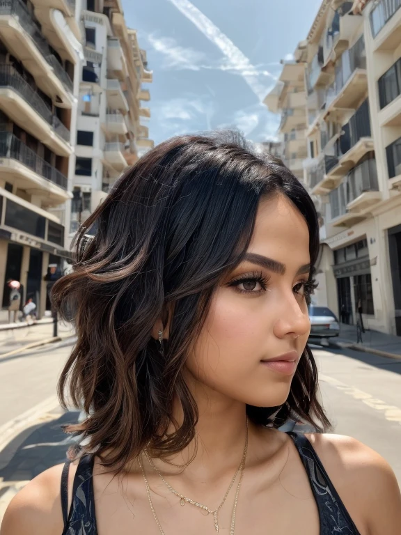 (8k, highest qualityr, Ultra detallado:1.37), (nila), 18yo, (an Afro-Brazilian with style), Show off your unique fashion sense in a modern setting. Ella lleva un conjunto elegante, combinando piezas modernas con influencias culturales. High-resolution image captures ultra-detailed realism., destacando la pose segura de nila, ojos cautivadores, y tez impecable. Dynamic cityscape backdrop adds a touch, creating a visually stunning representation of Nila's individual style and expression..