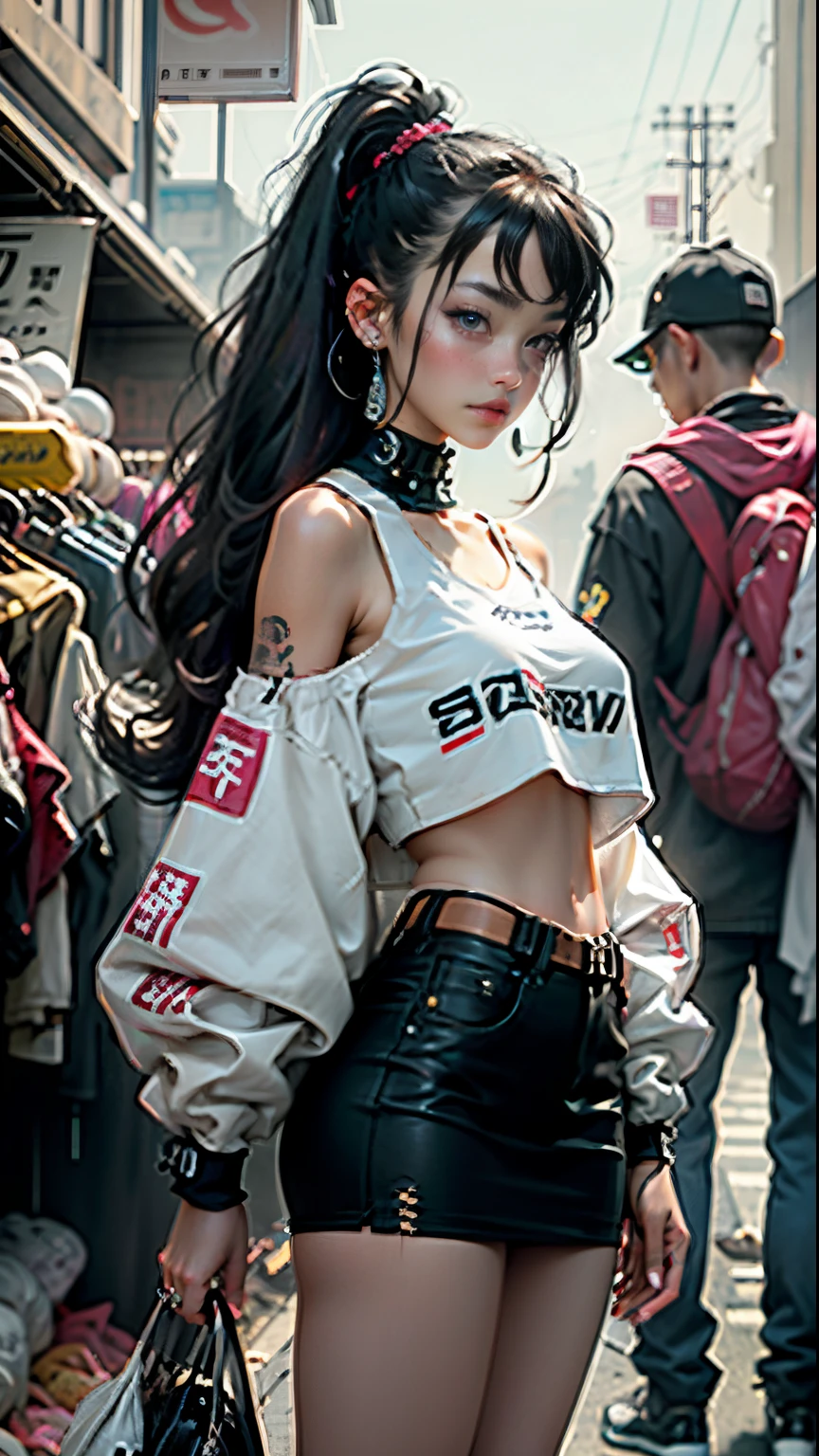 Beautiful Cyberpunk woman medium shapeless hair, cyberpunk style short Harajuku clothes