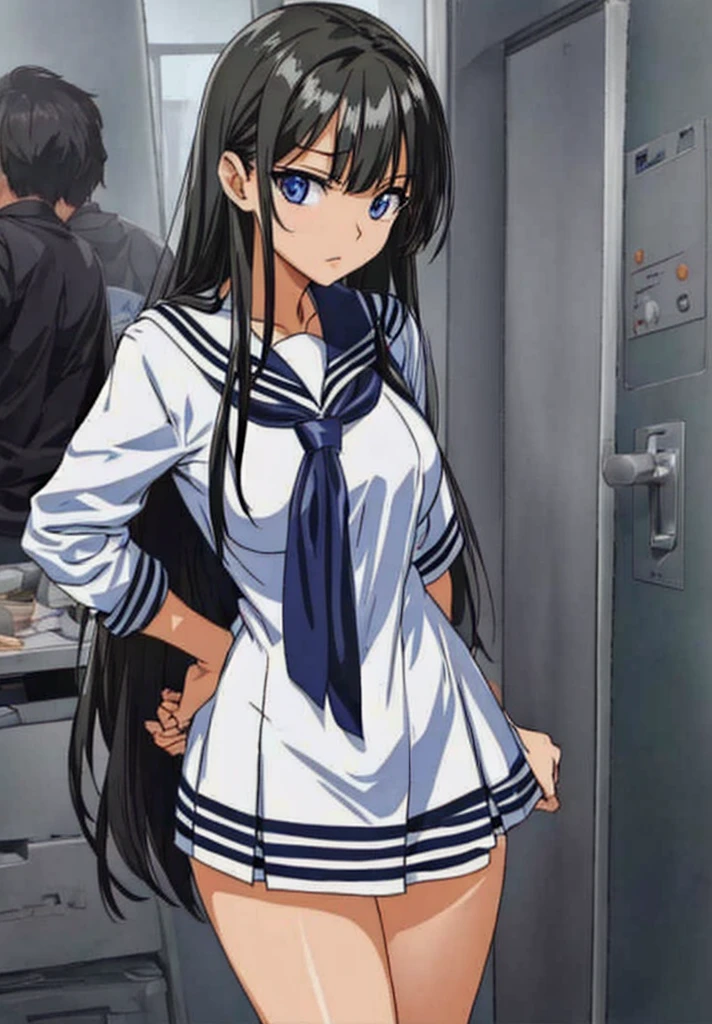 A beautiful woman with long black hair, big breasts, beautiful legs, and a sailor uniform in a white miniskirt wears light blue and blue striped panties.々He stands there and glares at the middle-aged office worker behind him.。