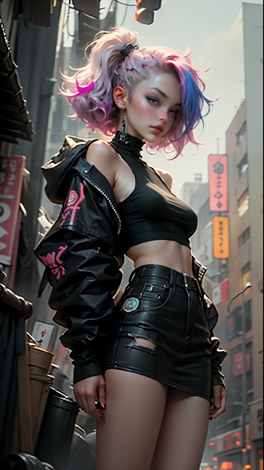 Beautiful Cyberpunk woman medium shapeless hair, cyberpunk style short Harajuku clothes