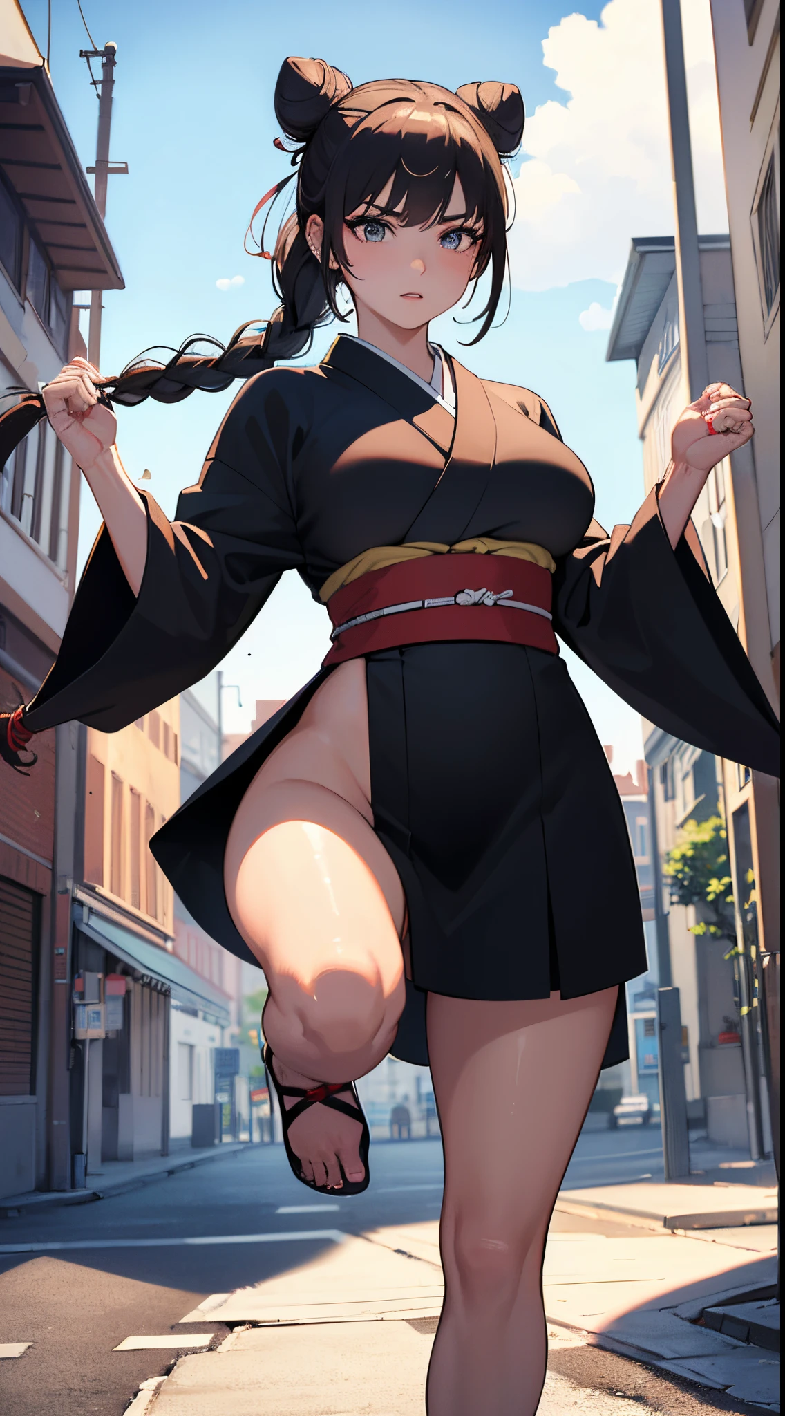 (best quality,8k,highres,masterpiece:1.2),ultra-detailed,realistic, karate,The leg is high up, roundhouse kick, 19-year-old girl, wearing a tight-fitting kimono, large breasts, slender figure, highly detailed face, black long hair tied up in a bun. European appearance. HIgh kick. dojo in the background