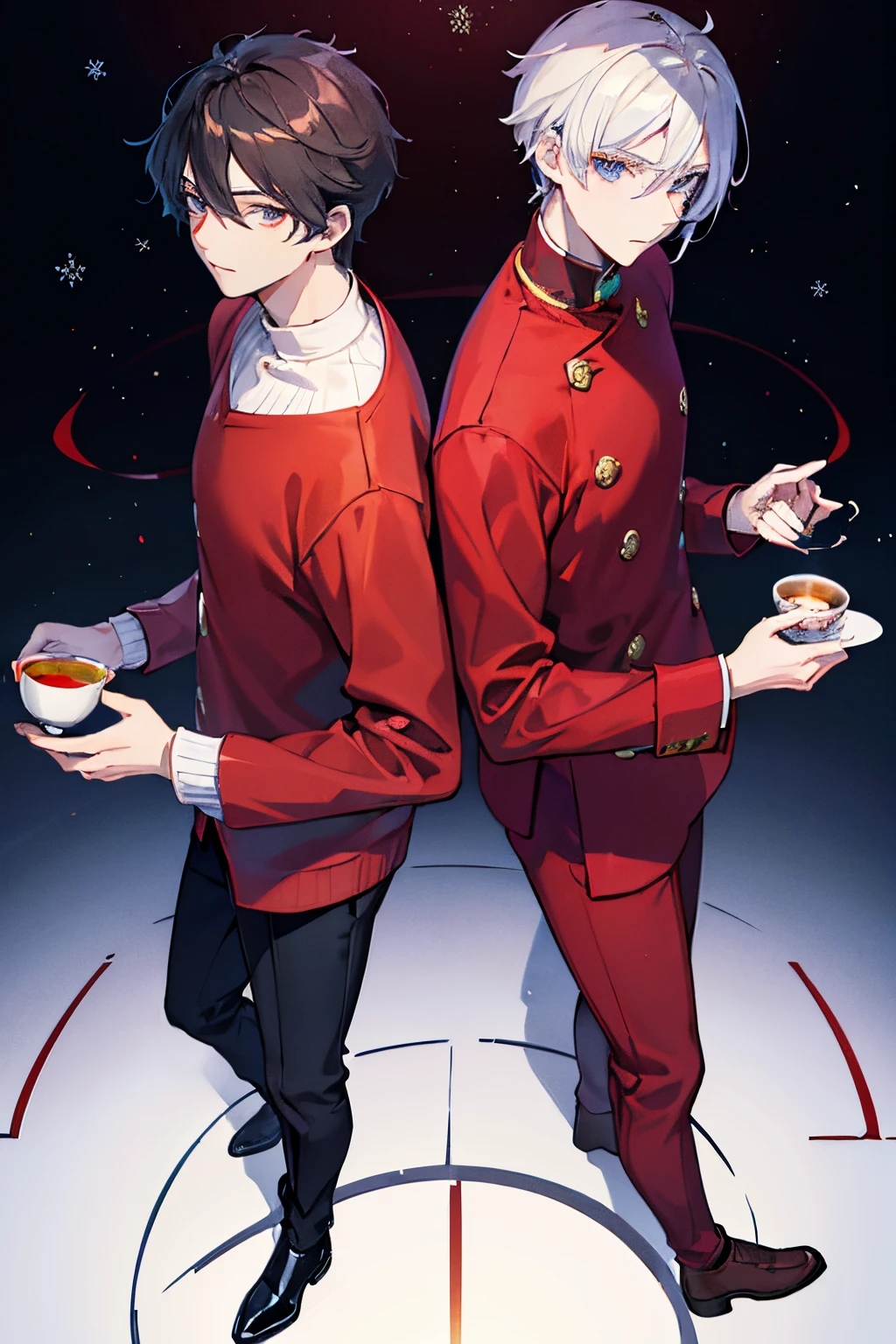 male people A dark-haired blue eyess Red coat sweater lux slacks long boots Christmas cake and tea masterpiece Top image quality denoise Clear cinematic shadow Increased attractiveness of the eyes Clear the shine of the eyes Draw eyelashes neatly Perfect Eye A detailed eye Sharpen image quality Sharpen eye writing Clear eye shape