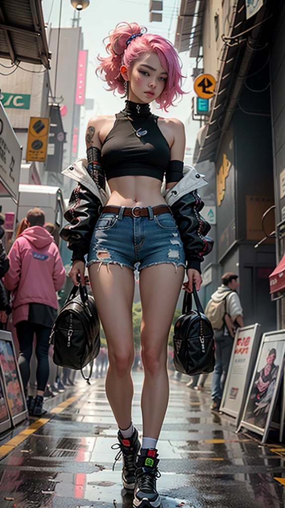 Beautiful Cyberpunk woman medium shapeless hair, cyberpunk style short Harajuku clothes