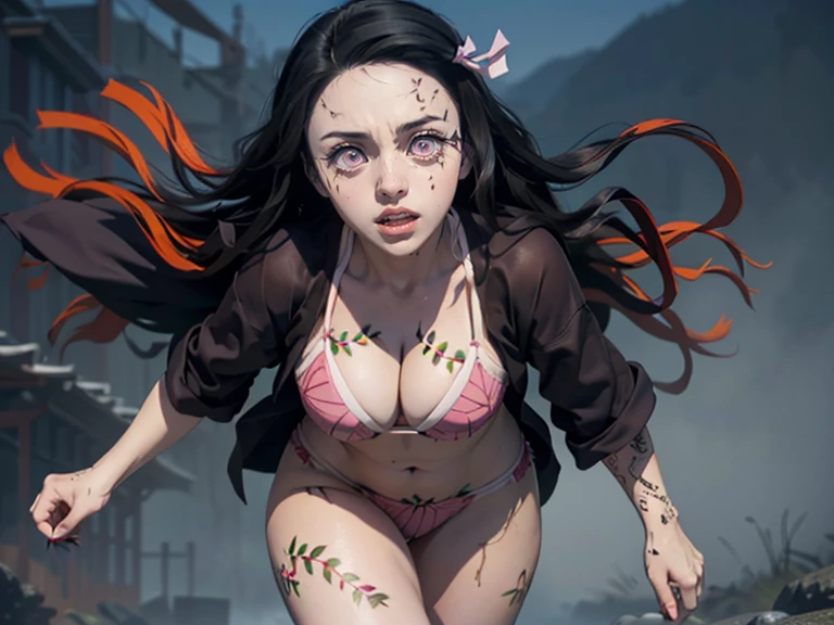 (foto ultra realista de Nezuko kamado deusa da beleza, Olhos cor-de-rosa brilhantes, Angry and angry expression, ela tem um chifre, 8k, UHD, hottie com seios ultra gigantes, enormes seios longos, pink micro bikini, Erotic, com longos cabelos pretos e pontas alaranjadas, She doesn't wear panties showing her tattoo , pelos pubianos mostrando), Nezuko with a piece of bamboo stuck her ass, (Nezuko, Nezuko-chan, Demon Slayer art style, Kimetsu em Yaiba),  personagem de anime feminino, (Nezuko, In his demonic form, Seios enormes, seios longos gigantes, mostrando lindos seios pontiagudos), (Ultra giant breast length runs down to your toned belly, She has leaf tattoos running all over her sexy erotic body), Demon Slayer rui fanart, empunhando kunai, Marin Kitagawa Fanart, arte de anime limpa e detalhada, uma mulher berserker muito bonita, por Kamagurka, arte profissional, Detalhe perfeito, (Nezuko kamado in her demonic form showing her giant and furry , based on the demon Slayer Kimetsu no yaiba), Nus, nu