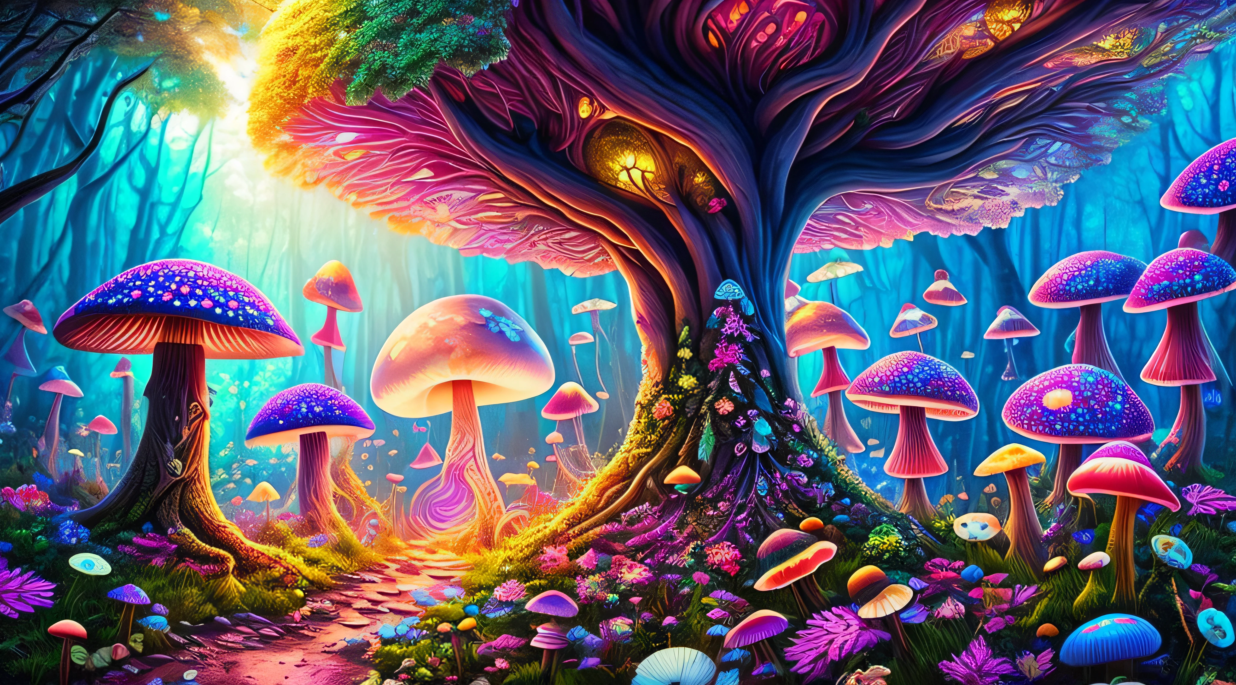 psychedelic art image, enchanted forest with mushrooms and fairies, ultra detailed, ultra high quality, 4k