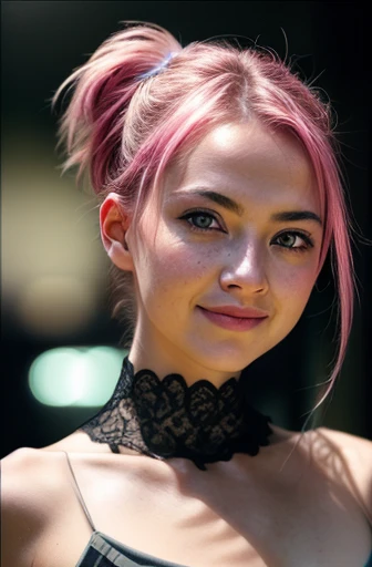 (RAW photo) night scene, close up photo of a , posing, looking at viewer, smiling, pink hair in a ponytail, (green eyes:0.8), cute young face, 18 yo, soft volumetric lights, soft key and fill lighting, (backlit:1.3), (cinematic:1.3), intricate details, (ArtStation:1.2), skin blemishereckles:0.9), detailed eyes, micro details, FUJI XThotorealistic, photorealism