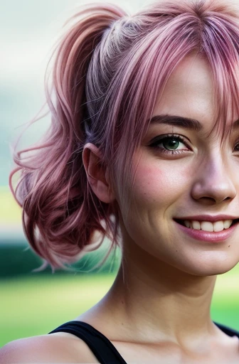 (RAW photo) night scene, close up photo of a , posing, looking at viewer, smiling, pink hair in a ponytail, (green eyes:0.8), cute young face, 18 yo, soft volumetric lights, soft key and fill lighting, (backlit:1.3), (cinematic:1.3), intricate details, (ArtStation:1.2), skin blemishereckles:0.9), detailed eyes, micro details, FUJI XThotorealistic, photorealism