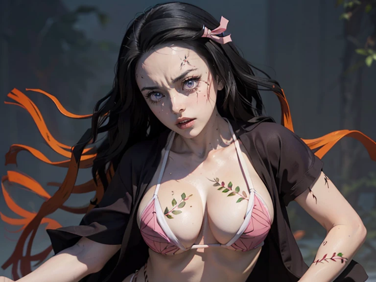 (ultra realistic photo of Nezuko kamado goddess of beauty, bright pink eyes, angry angry expression, she has a horn, 8k, UHD, hottie with ultra giant breasts, huge long breasts sticking out of her kimono, erotic, with long black hair and orange tips, sexy pink japanese kimono, she doesn't wear panties showing her tattooed pussy, pubic hair showing), Nezuko with a piece of bamboo stuck up her ass, (Nezuko, Nezuko-chan, Demon Slayer art style, kimetsu on yaiba), Hentai female anime character, (Nezuko, in her demon form, Huge breasts, giant long breasts sticking out of her clothes, her breasts stick out of her kimono, showing beautiful pointy breasts), (length of ultra giant breasts goes down to her toned stomach, she has leaf tattoos running down her sexy erotic body), Demon Slayer rui fanart, wielding kunai, Marin Kitagawa Fanart, clean and detailed anime art, a very beautiful berserker woman, by Kamagurka, professional art, perfect detailed, (Nezuko kamado in her demonic form showing her giant and hairy pussy, based on the demon slayer kimetsu no yaiba), nudes, nude porn