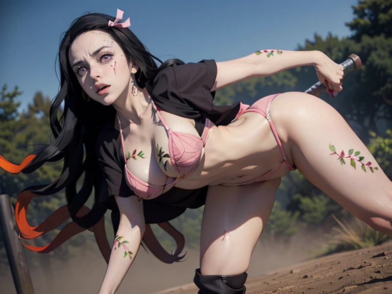(foto ultra realista de Nezuko kamado deusa da beleza, Olhos cor-de-rosa brilhantes, Angry and angry expression, ela tem um chifre, 8k, UHD, hottie com seios ultra gigantes, enormes seios longos, pink micro bikini, Erotic, com longos cabelos pretos e pontas alaranjadas, She doesn't wear panties showing her tattoo , pelos pubianos mostrando), Nezuko with a piece of bamboo stuck her ass, (Nezuko, Nezuko-chan, Demon Slayer art style, Kimetsu em Yaiba), personagem de anime feminino, (Nezuko, In his demonic form, Seios enormes, seios longos gigantes, mostrando lindos seios pontiagudos), (Ultra giant breast length runs down to your toned belly, She has leaf tattoos running all over her sexy erotic body), Demon Slayer rui fanart, empunhando kunai, Marin Kitagawa Fanart, arte de anime limpa e detalhada, uma mulher berserker muito bonita, por Kamagurka, arte profissional, Detalhe perfeito, (Nezuko kamado in her demonic form showing her giant and furry , based on the demon Slayer Kimetsu no yaiba), Nus, nu
