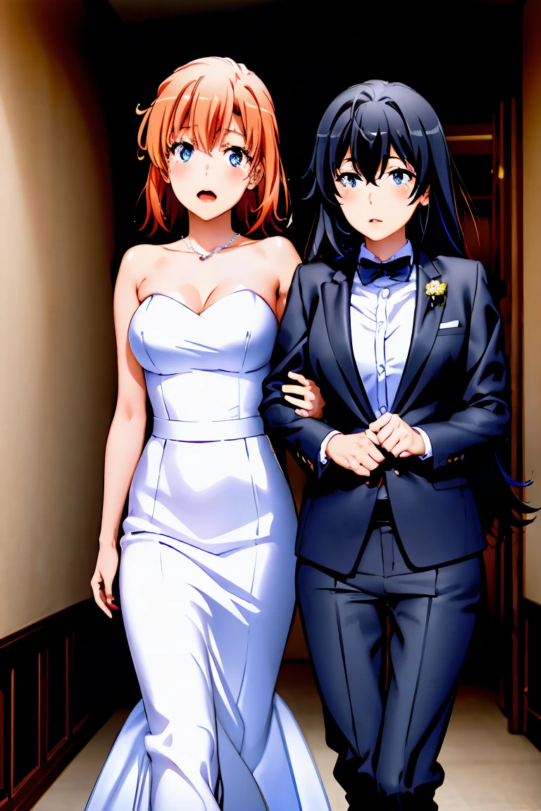 2 girls,  Woman, Home room wallpaper, Yukinoshita Yukino in a tuxedo and carrying a coat , Her wife Yuigahama Yui in a wedding dress, Yuri