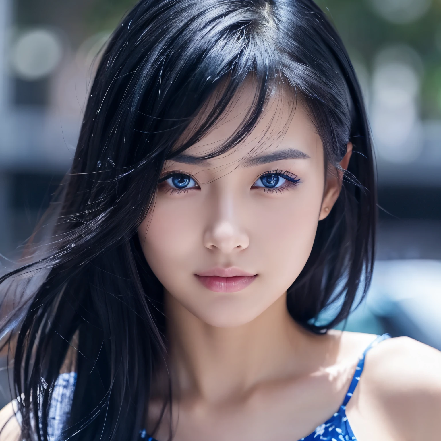 black blue hair and eyes。There are thousands of stars in the eyes。It's beautiful,It's beautiful,Very beautiful woman。