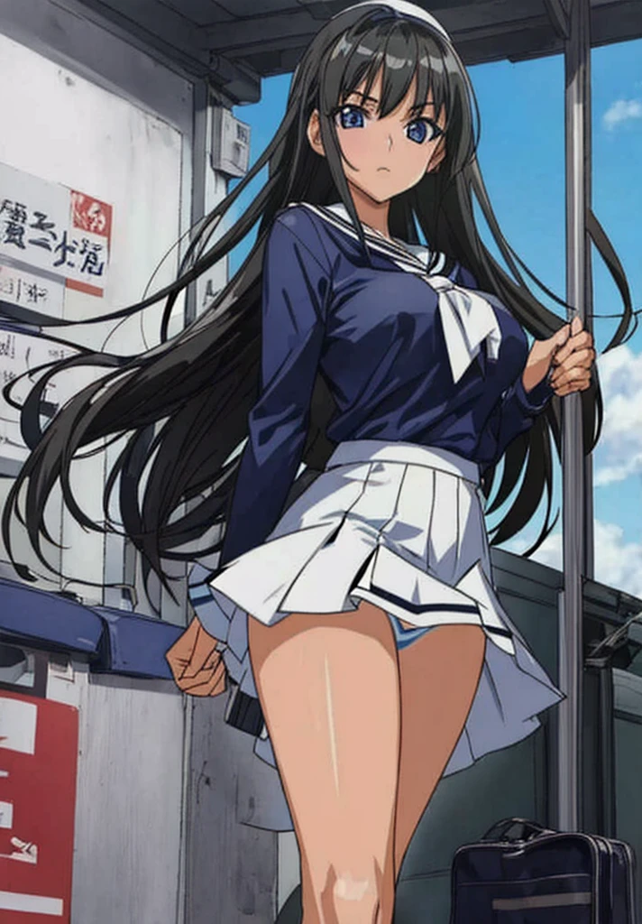 At the station, a beautiful woman with long black hair, big breasts, beautiful legs, and a sailor suit wearing a white miniskirt is standing and glaring at the middle-aged office worker in front of her, boldly showing off her pale light blue and blue striped panties.。