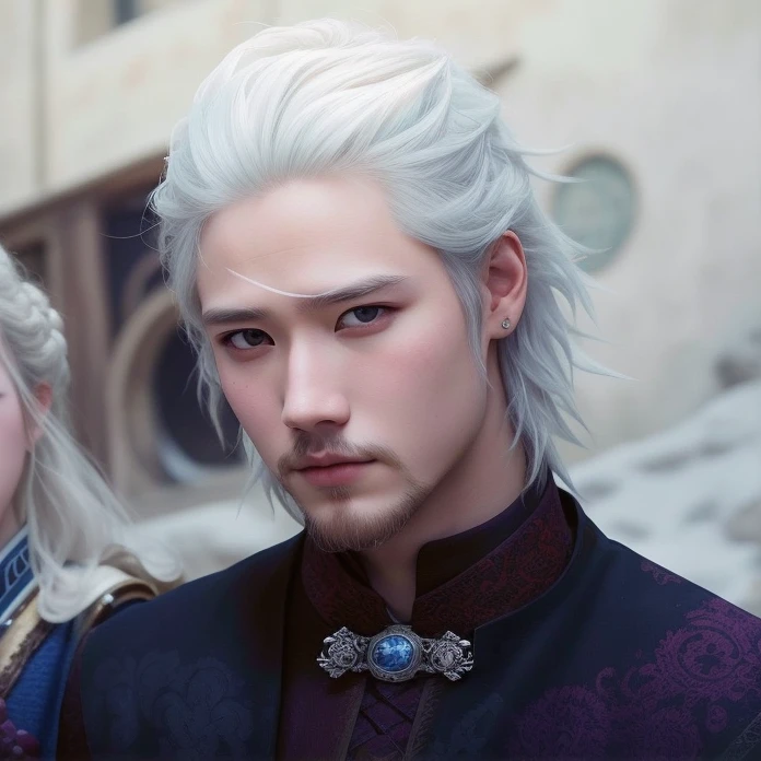 un primer plano de un hombre coreano con pelo blanco y una mujer, as a medieval fantasy character, rey de pelo blanco, Tiene pelos grises oscuros, Juego de Tronos, Estilo Juego de Tronos, Handsome prince, magica, ulzzang, prrey guapo, Rey Medieval