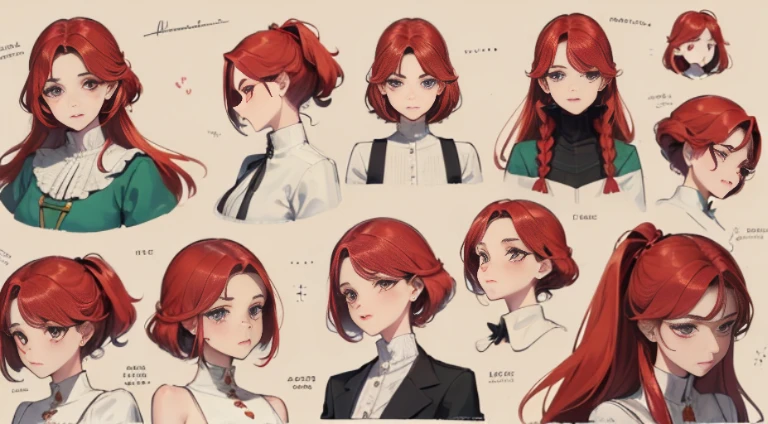 ((Obra maestra, highest qualityr)), Cara detallada, Hojas de caracteres, cuerpo completosbian, lleno de detalles, multiple poses and expressions, Altamente detallado, profundidad, muchas partes, mature female, bad girl, red hair, Pupils in symbol shapes