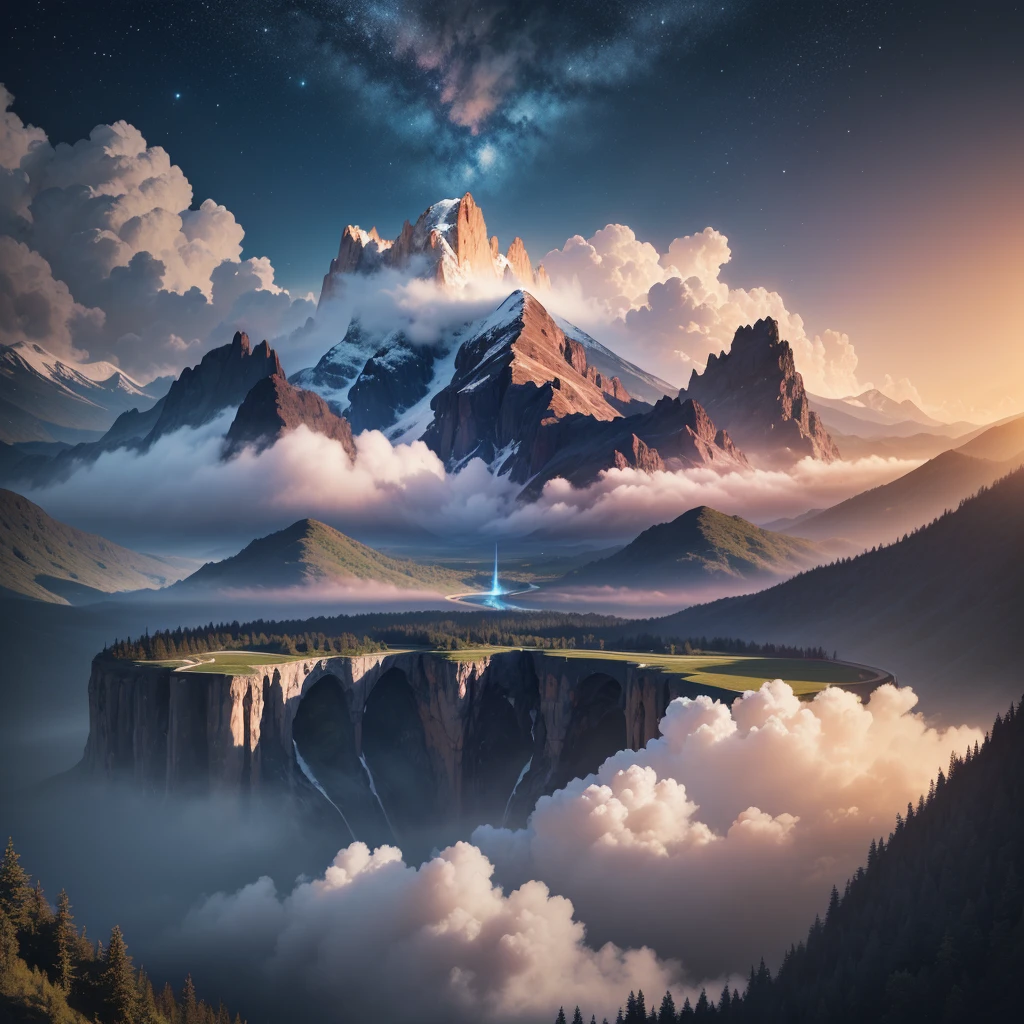planète avec Montagnes et lac Magic Valley, Planètes、intergalactique、nuage、Et une rivière et un ciel magnifique, Un hyper-réaliste, 4K, image net , Brillant, magnifique, beau, 8k, ULTRAHD , sunset , ocean d'eau , ultra réaliste , soleil , mise au point net maximale , vue terrestre sur l'espaces , nuit , voie lacté , pluie de météorites en flamme vitesse hypersonic