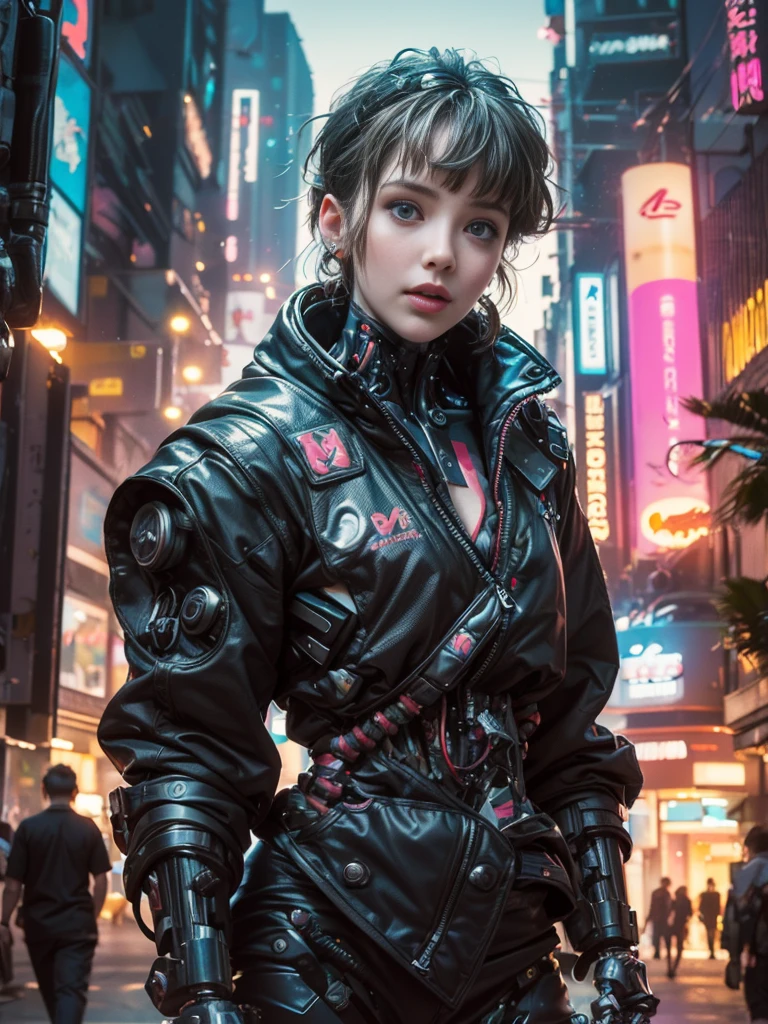 ((extremely delicate and beautiful cybernetic girl)), ((highly detailed face)), ((mechanical limb, mechanical vertebrae)), ((mechanical cervical attaching to neck)), (wires and cables attaching to neck:1.2), ((mass of wires and cables on head)), ((wearing colorful Harajuku tech jacket with logo)), (facing camera pose), ((cowboy shot)), (masterpiece), (((best quality))), ((ultra-detailed)), (highly detailed photorealistic CG illustration), cinematic lighting, science fiction, extremely detailed,colorful,highest detail, (((cyberpunk city background, (Blade Runner), Harajuku district)))