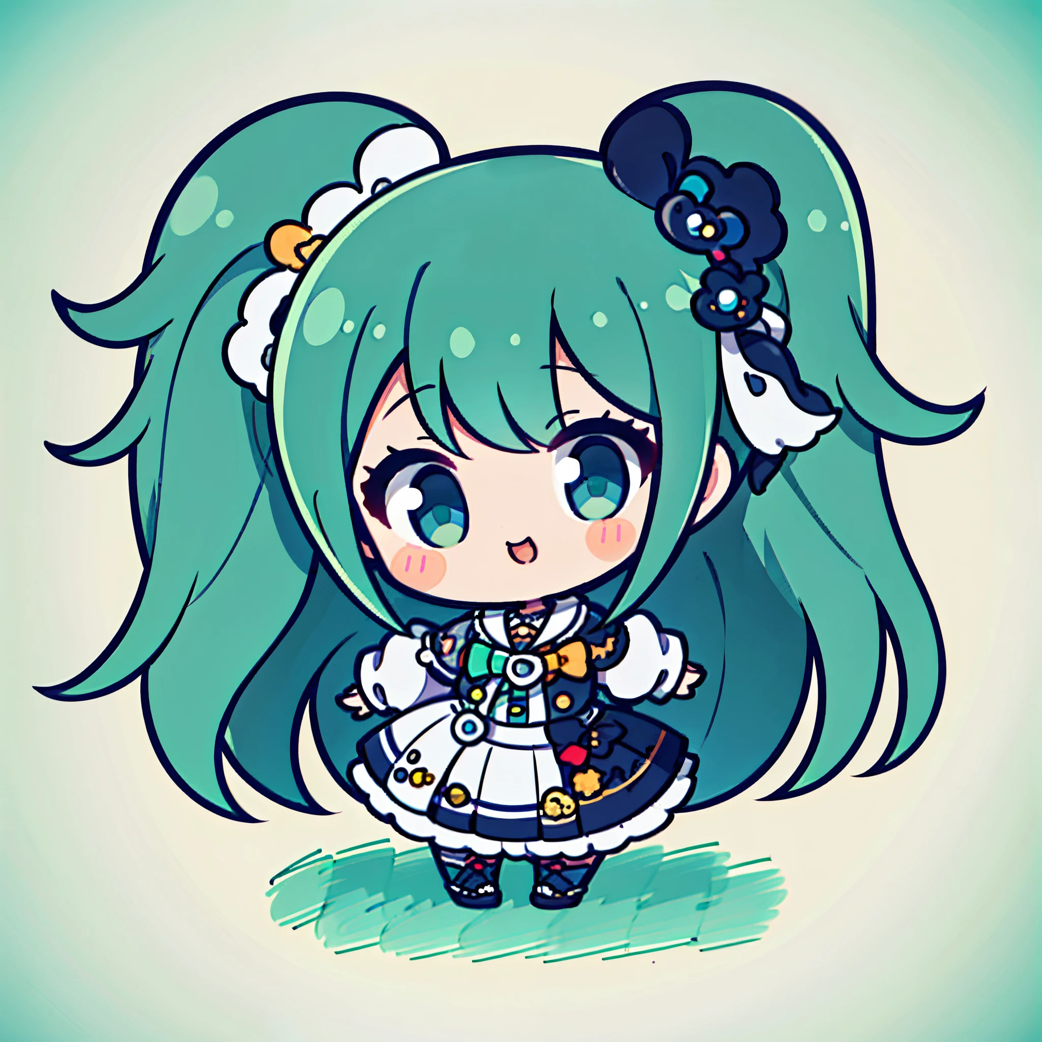 obra maestra, highest qualityr, boca grande、ojos grandes、cara de sorpresa、Masa de sudor、Full body depiction, Brazos extendidos、 1chica en、Chaqueta color jade、hueso de dibujos animados、 Orejas de gato negro,Chibi:1,Chibikyara, Chica de anime de cabello verde, Disparo de vaquero, Colorless solid background