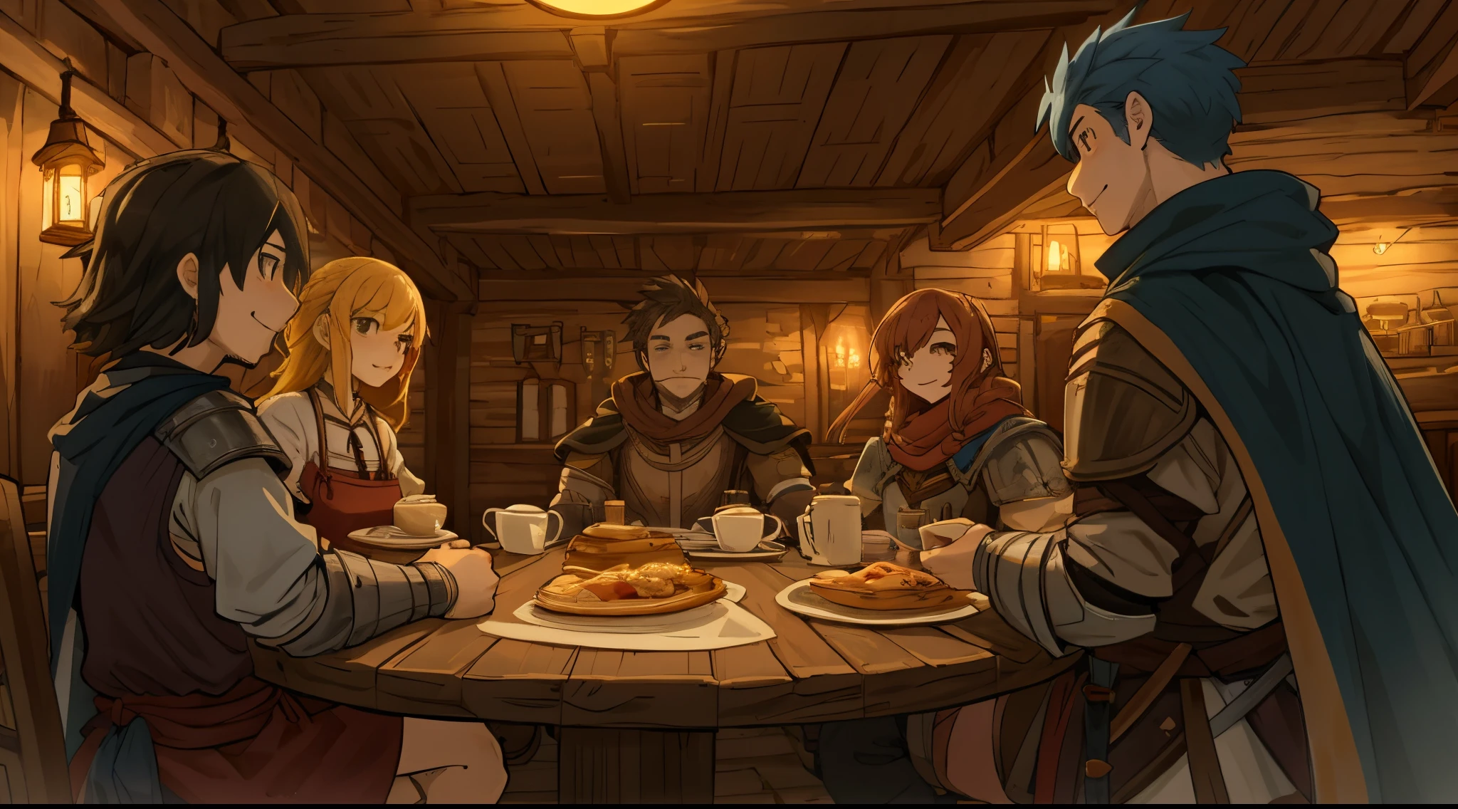cover_page, In a lively medieval fantasy tavern filled with wooden beams and rustic decor, a group of diverse adventurers are seated at a sturdy wooden table, illuminated by dim candlelight, Amidst plates of hearty food and mugs of ale, one adventurer, with distinctive armor and a mischievous grin, attempts to flirt with a young waitress carrying a tray of drinks, She has braided hair and wears a dress, and she seems slightly amused by the attention, Opposite him, another member of the group, with a stern expression and a cloak draped over their shoulders, reprimands the flirtatious adventurer, drawing attention to the group's behavior, The scene captured from a low-angle perspective, emphasizing the grandeur of the tavern and the interactions of its patrons,