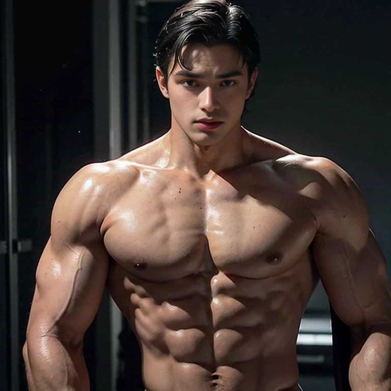 Young Bruce Wayne man black hair, big muscular body, in topless, in dark room ,(very tight micro string thing), thick pubic hair
