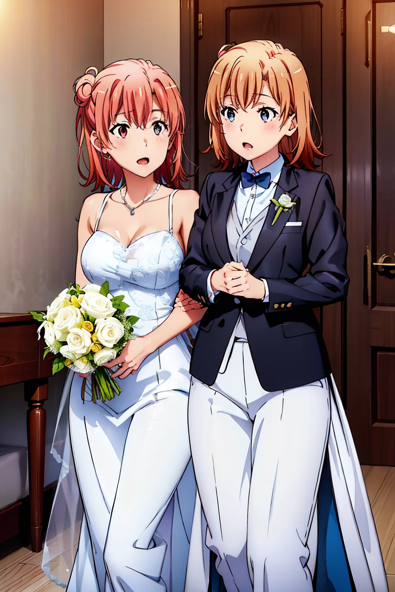 2 girls,  Woman, Home room wallpaper, Yukinoshita Yukino in a tuxedo and carrying a coat , Her wife Yuigahama Yui in a wedding dress, Yuri