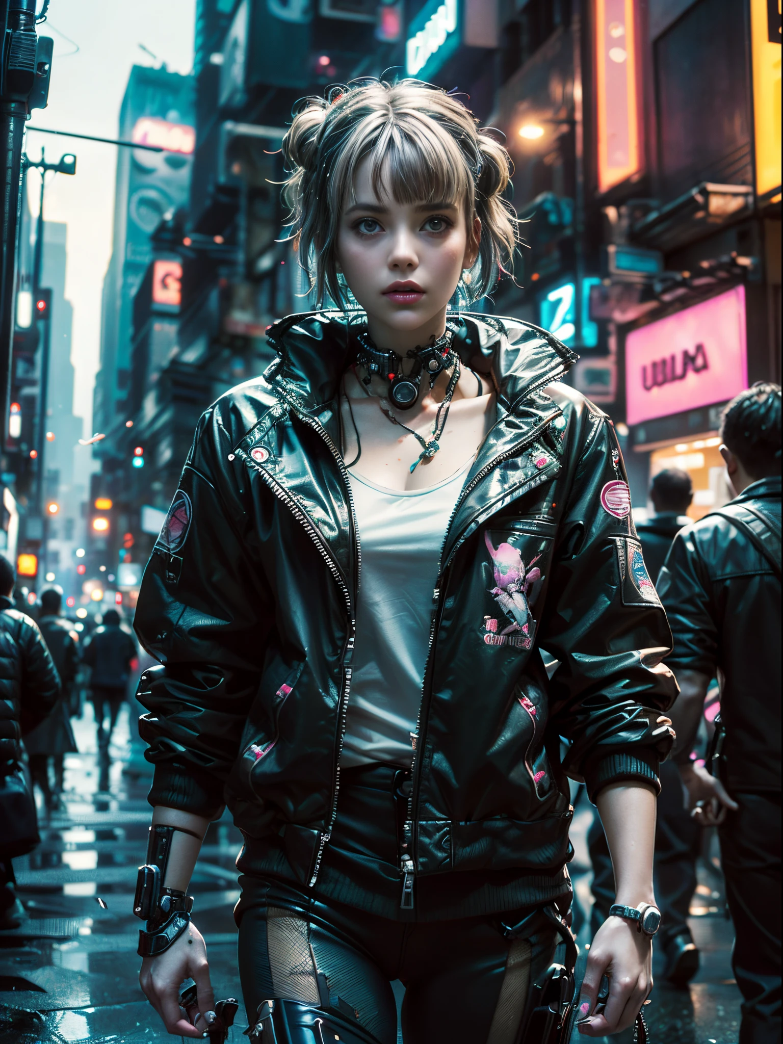 ((extremely delicate and beautiful cybernetic girl)), ((highly detailed face)), ((mechanical limb, mechanical vertebrae)), ((mechanical cervical attaching to neck)), (wires and cables attaching to neck:1.2), ((mass of wires and cables on head)), ((wearing colorful Harajuku tech jacket with logo)), (facing camera pose), ((cowboy shot)), (masterpiece), (((best quality))), ((ultra-detailed)), (highly detailed photorealistic CG illustration), cinematic lighting, science fiction, extremely detailed,colorful,highest detail, (((cyberpunk city background, (Blade Runner), Harajuku district)))