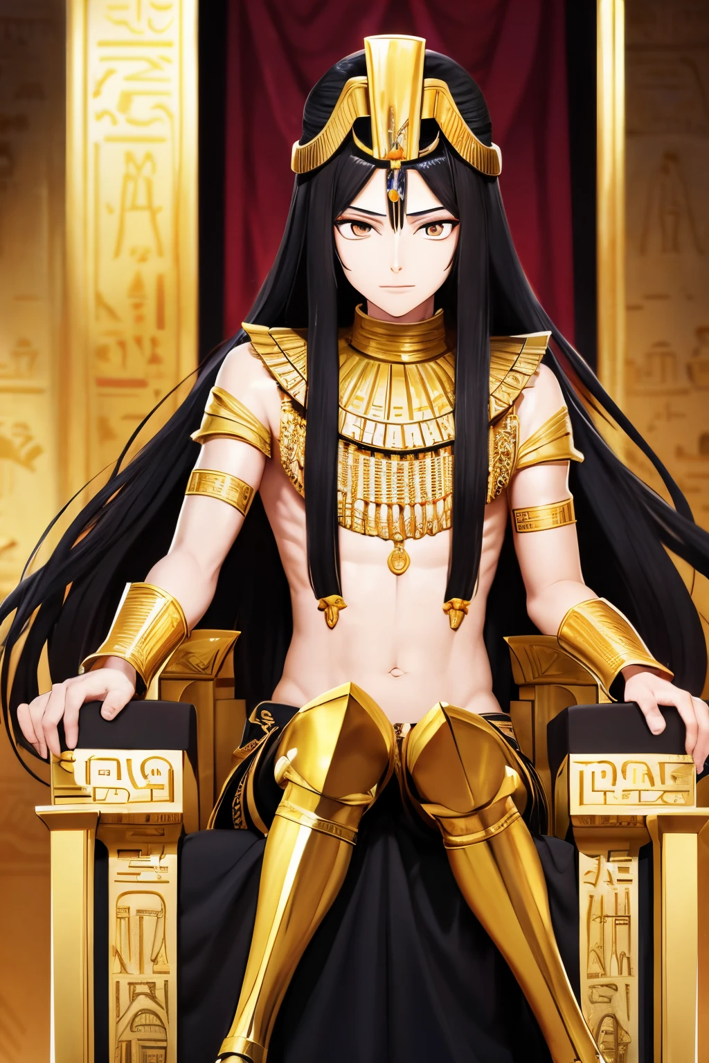 Throne in Egyptian style, god pharaoh, man, long black hair, golden eyes.