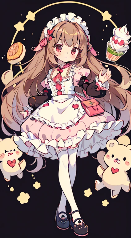 Standing Picture、full bodyesbian、One girl、cute little、masterpiece, top-quality、Top image quality, cafe background, loli in dress, cafe waitress, miuna, slender, (brown hair:1.3), medium breasts, (long hair:1.2), full body, (round face:1.4),  cute face, (round chin:1.4), (glossy lips:1.2), sparkling detailed glass big eyes long eye lashes, looking at viewer, jrkjs, detailed five fingers on each hand, 2 hands, 2 feet, knee white lace stocking thighhighs beatiful legs, cute brown heels bear open toe shoes, jirai kei,Smile, BREAK, detailed ((gothic lolita janska:1.5)), (Wain reddo sculpted whipped cream strawberry dress with pastel color lace decoration), jewelry decorated waitress dress, striped pink white pastel colors ((waitress in a gorgeous rococo ball gown decorated with beautiful  striped pink white embroidery and jewels, with a voluminous full-length hoop skirt with ruffles)), ((crinoline)), (sparkle) of the anime girl, standing in a dynamic pose, detailed cute kawaii strawberry accessories and golden chain suspends under dress with star moon, ((detailed cute cream color fluffy bear face purse at side of her waste)), soft warm inviting,cafe striped pastel pink and white decor,  cafe table bread coffee cup, illustration in the style of @ekureea on X twitter, Lolita glam, art by @hareroom1 on Twitter, beautiful line art, manga, manga style, manga art style, pencil and ink caricature drawing, flat colours, detailed, attention to detail, sharp focus, black background, 8k, best quality