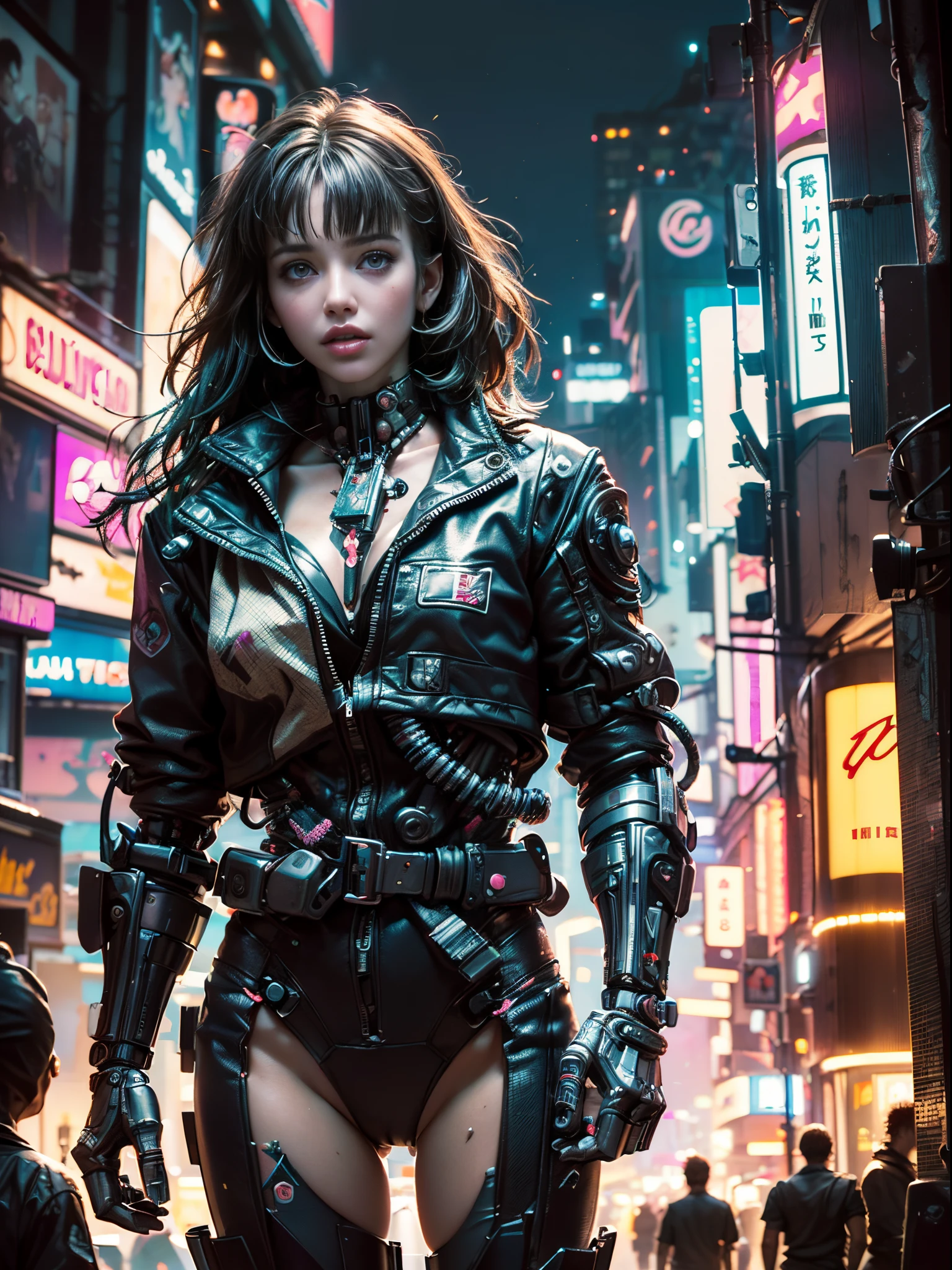 ((extremely delicate and beautiful cybernetic girl)), ((highly detailed face)), ((mechanical limb, mechanical vertebrae)), ((mechanical cervical attaching to neck)), (wires and cables attaching to neck:1.2), ((mass of wires and cables on head)), ((wearing colorful Harajuku tech jacket with logo)), (facing camera pose), ((cowboy shot)), (masterpiece), (((best quality))), ((ultra-detailed)), (highly detailed photorealistic CG illustration), cinematic lighting, science fiction, extremely detailed,colorful,highest detail, (((cyberpunk city background, (Blade Runner), Harajuku district)))