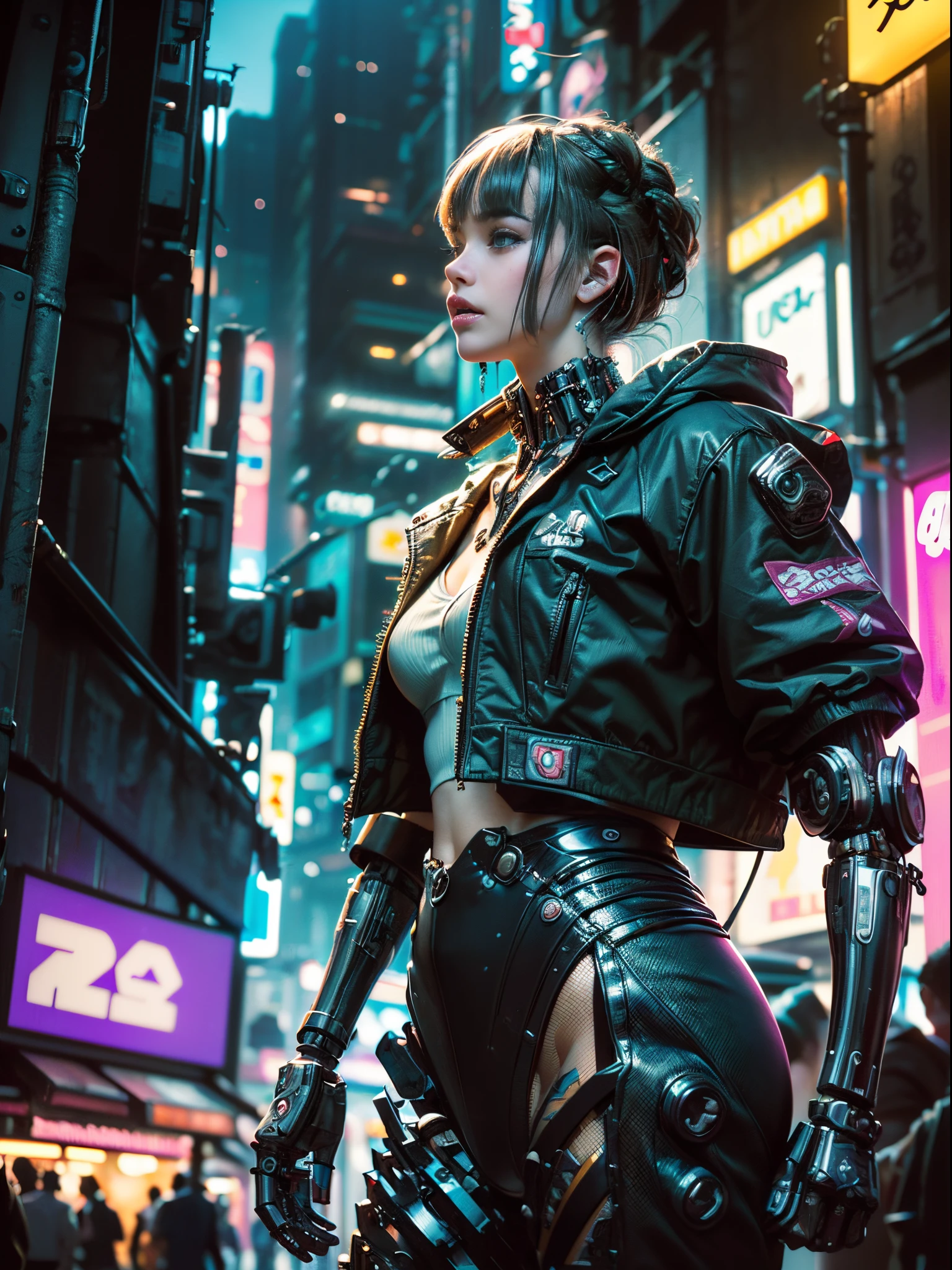 ((extremely delicate and beautiful cybernetic girl)), ((highly detailed face)), ((mechanical limb, mechanical vertebrae)), ((mechanical cervical attaching to neck)), (wires and cables attaching to neck:1.2), ((mass of wires and cables on head)), ((wearing colorful Harajuku tech jacket with logo)), (facing camera pose), ((cowboy shot)), (masterpiece), (((best quality))), ((ultra-detailed)), (highly detailed photorealistic CG illustration), cinematic lighting, science fiction, extremely detailed,colorful,highest detail, (((cyberpunk city background, (Blade Runner), Harajuku district)))