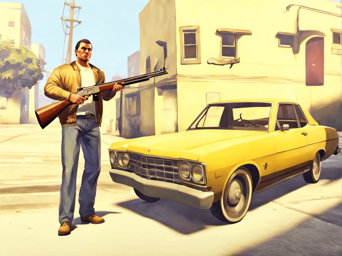 GTA Style, a man holding a shotgun, american car nearby, Taliana