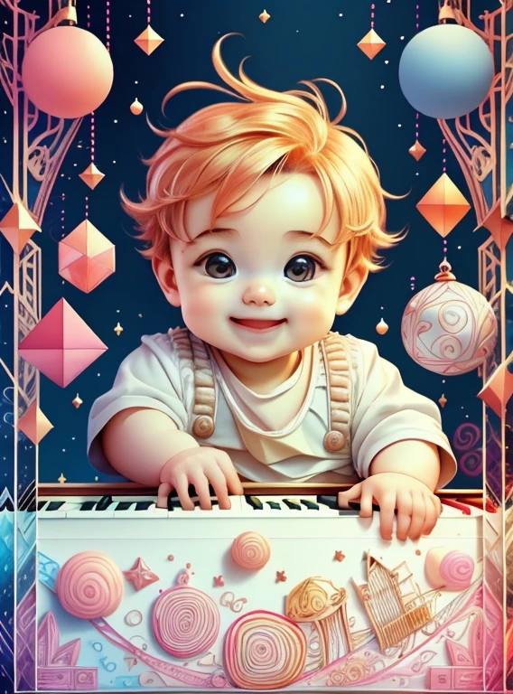 (cute baby boy smiling with a piano), Munchkin ,Geometric multidimensional wall portrait, livro de arte, Tchibi,
Yang08k, Beautiful, Colouring,
Obras, of the highest quality, best quality, Arte Oficial, Beautiful and Aesthetic,