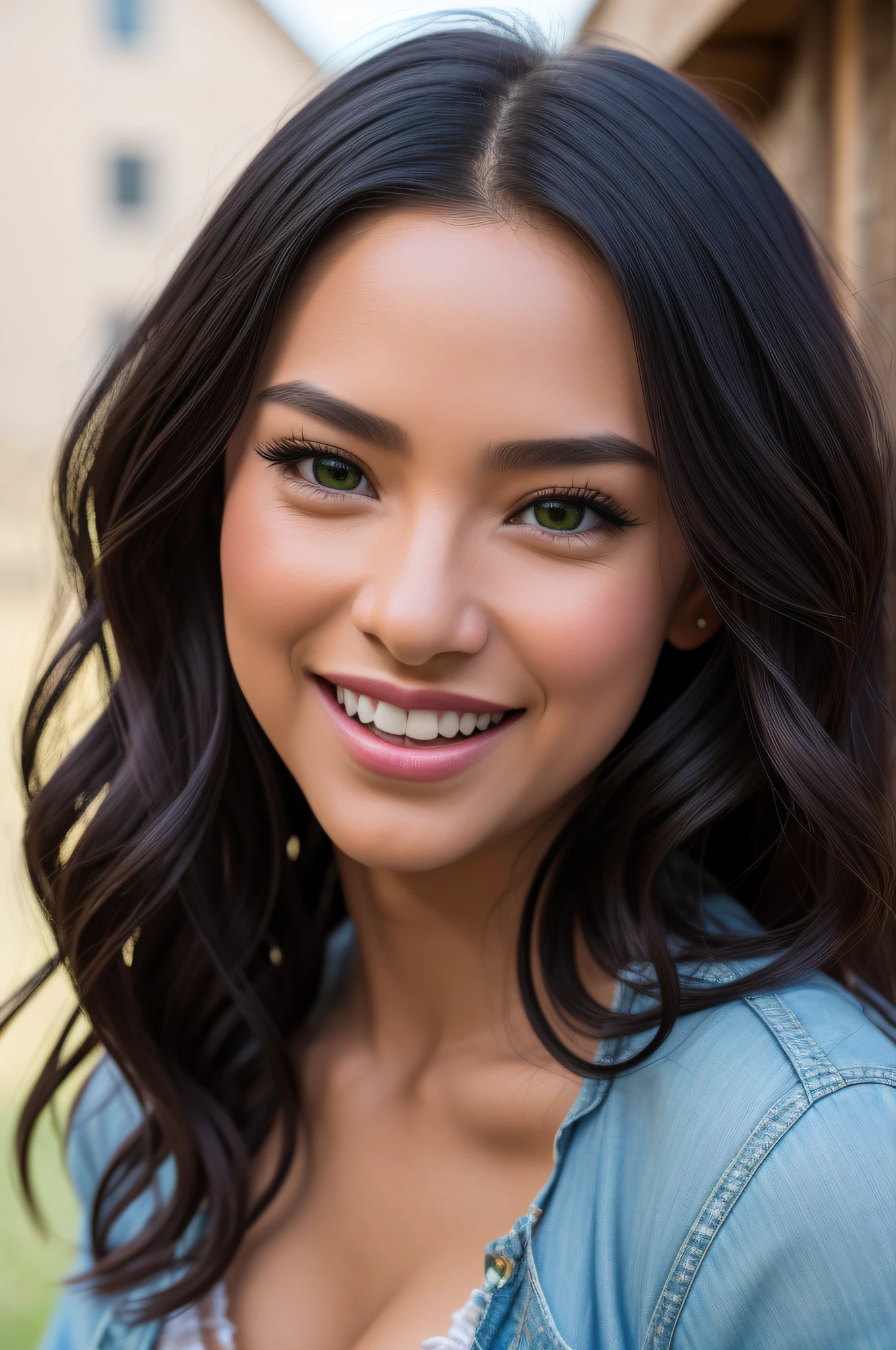 Close-up shot, a western scene, a solo beautiful women with big smile on her face, black little wavy long hair, green eyes, fit full body, ultrarealistic standing next to a split rail fence in a flower-filled meadow in the Sawtooth Mountains in Idaho as the sun sets; wearing a short, rough material skirt, bandana top, no hat, 4k extremely photorealistic, uhd 4k highly detailed, ((ethereal lighting, ultra-high res.photorealistic:.1.4, (high detailed skin:1.2), 8k uhd, dslr, high quality, film grain, Fujifilm XT3,(masterpiece) (best quality) (detailed) (cinematic lighting) (sharp focus) (intricate)