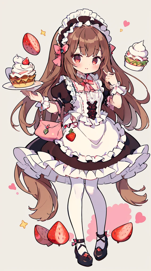 Standing Picture、full bodyesbian、One girl、cute little、masterpiece, top-quality、Top image quality, cafe background, loli in dress, cafe waitress, miuna, slender, (brown hair:1.3), medium breasts, (long hair:1.2), full body, (round face:1.4),  cute face, (round chin:1.4), (glossy lips:1.2), sparkling detailed glass big eyes long eye lashes, looking at viewer, jrkjs, detailed five fingers on each hand, 2 hands, 2 feet, knee white lace stocking thighhighs beatiful legs, cute brown heels bear open toe shoes, jirai kei,Smile, BREAK, detailed ((gothic lolita janska:1.5)), (Wain reddo sculpted whipped cream strawberry dress with pastel color lace decoration), jewelry decorated waitress dress, striped pink white pastel colors ((waitress in a gorgeous rococo ball gown decorated with beautiful  striped pink white embroidery and jewels, with a voluminous full-length hoop skirt with ruffles)), ((crinoline)), (sparkle) of the anime girl, standing in a dynamic pose, detailed cute kawaii strawberry accessories and golden chain suspends under dress with star moon, ((detailed cute cream color fluffy bear face purse at side of her waste)), soft warm inviting,cafe striped pastel pink and white decor,  cafe table bread coffee cup, illustration in the style of @ekureea on X twitter, Lolita glam, art by @hareroom1 on Twitter, beautiful line art, manga, manga style, manga art style, pencil and ink caricature drawing, flat colours, detailed, attention to detail, sharp focus, black background, 8k, best quality