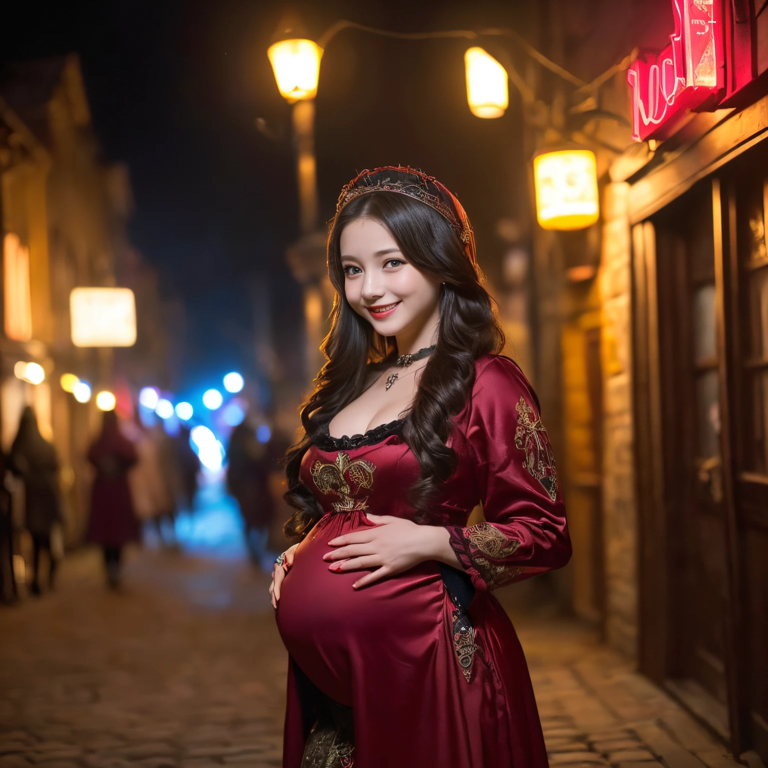 ((top-quality、masutepiece、8K、Top image quality、Highly complex and detailed depictions))、(italy pictures:1.3)、(Very young face:1.2)、(12 year old girl:1.2)、Luxury red-light district of medieval Italy、the most gorgeous whore bride、Pregnancy、((The most beautiful medieval Italian courtesan wedding dresses、The most luxurious medieval Italian wedding dresses、A prostitute who holds a wedding ceremony in an entertainment district、An unimaginably huge entertainment district、A very luxurious and obscene red-light district in medieval Italy、A huge red light district at midnight in medieval Italy、Very complex decoration)、(View me、Bewitching smile、long eyelashes、Perfect makeup、lipsticks、A slight smil)、(perfect anatomia:1.2)、(Depth of field is deep:1.5)、(Detailed and intricate red light district background:1.3)、(Vibrant backdrop of a obscene medieval Italian red light district:1.3)、spectacular movie lighting、(romantic mood night:1.1)、(Perfectly recreates the atmosphere of a medieval Italian red-light district:1.3)、(obscene entertainment district:1.1)、(Obscene mood 1.1)