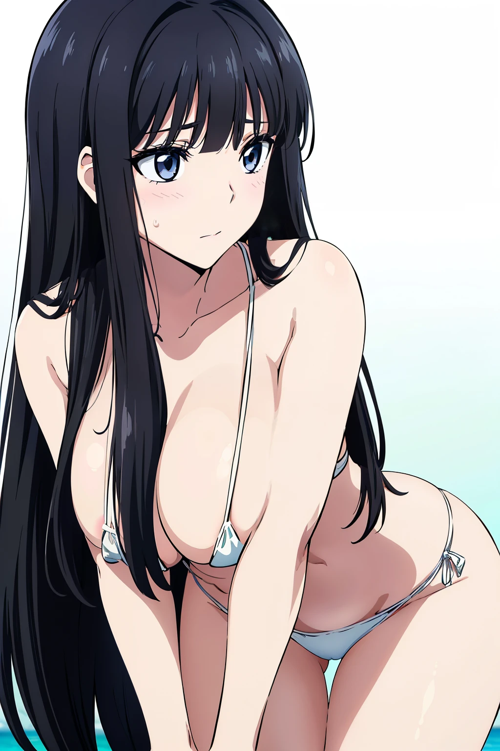 Miyuki, 1girl in, Cute, blush, (Long Black Hair:1.5), 14years, (Oversized large sagging breasts:1.5), cleavage, ((White Micro Bikini:1.5, Thin fabric)), (Leaning forward:1.5), Upper body, Close-up on the chest, frontage, beach side, ((Perfect Anatomy, beautifull detailed face, Beautiful detailed eyes, beautiful detailed hair, Beautiful detailed body)), thick outline, Beautiful outlines, black outlines