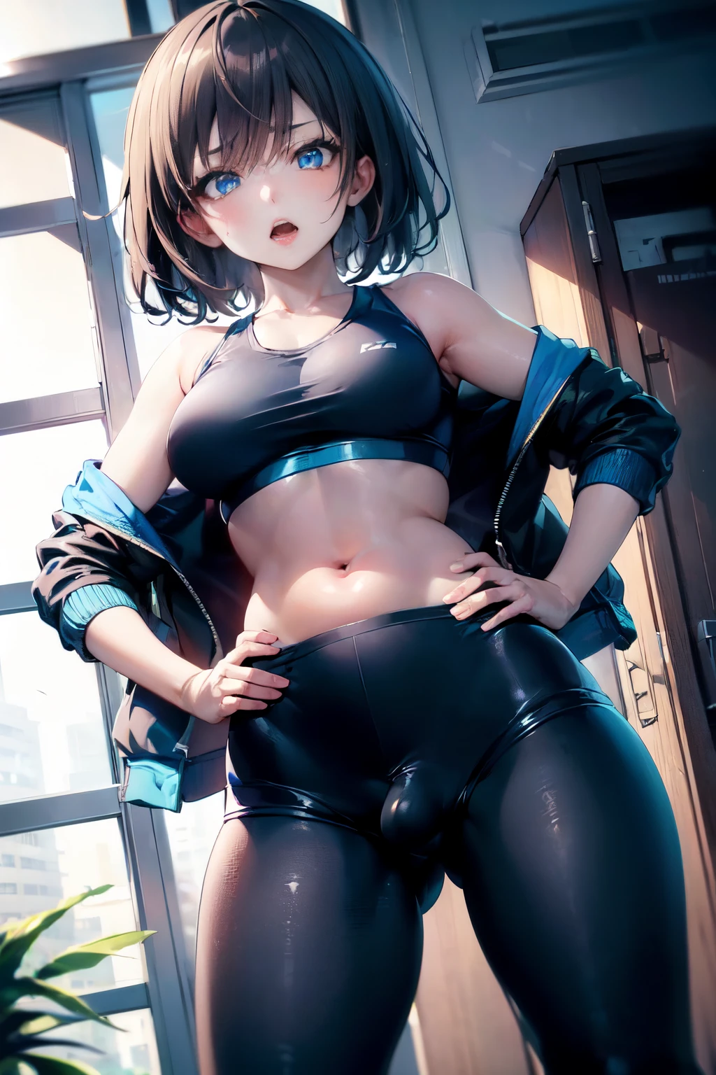 masutepiece, Best Quality, (waifu, Futanari woman with male genitalia, exceptional, Best aesthetic, new, newest, Best Quality, masutepiece, Extremely detailed:1.2), Cowboy Shot, Dutch Angle, From below, (Indoors:1.4), Locker Room, 1girl in, pale skin, (Messy medium dark blue hair, crossed bangs:1.4), (Light blue eyes:1.2), (deadpan:1.15), Open mouth, (medium breasts:1.25), (Off-the-shoulder blue hoodie jacket:1.4), (Blue Sports Bra:1.2), Hands on hips, round hip loose gym shorts:1.4), (Black Leggings:1.2)、
