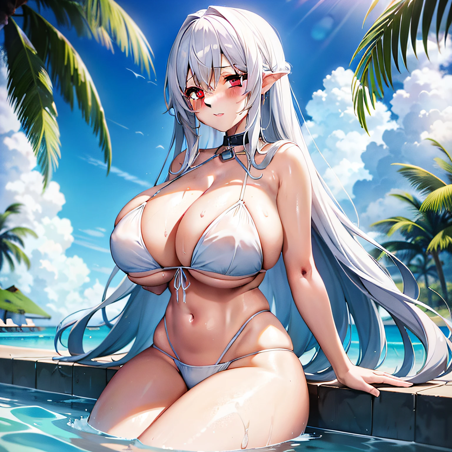 Three seductive anime girls，gigantic cleavage breasts，A white bikini，Get wet，sitting at the edge of pool，The body  covered with white mucus，Red eyes，There  love in the eyes，Chained，long  white hair, milf